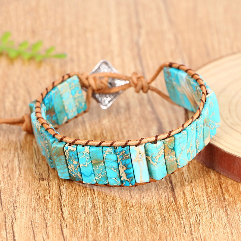 Natural Turquoise Tube Stone Bracelet Leather Braided Healing Reiki Gifts 6.7 in