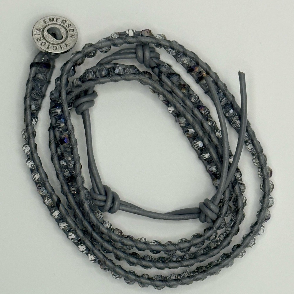 Victoria Emerson 3‑Wrap Bracelet – Iridescent Moonlight Crystals on Grey Cord