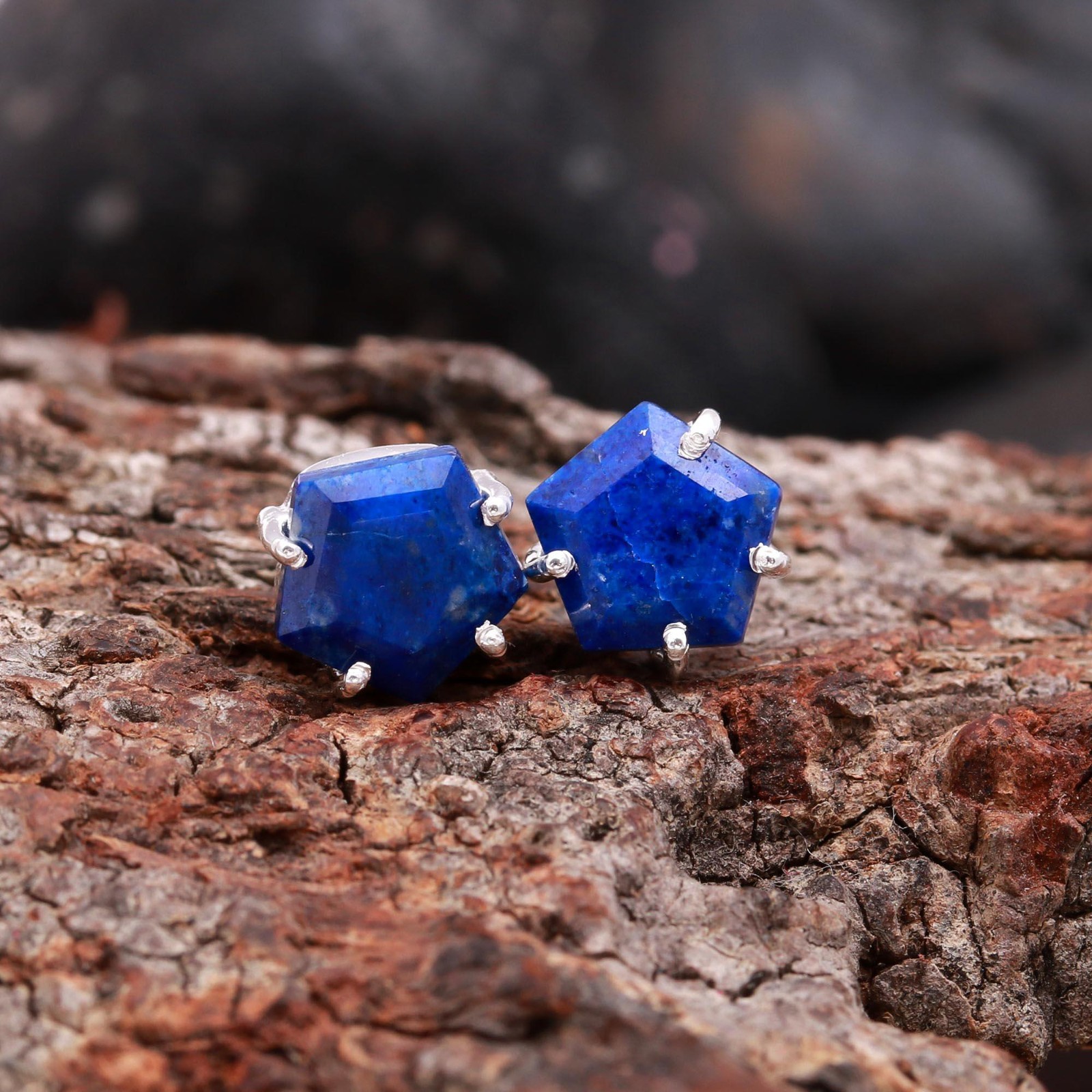 Natural Lapis Lazuli Pentagon Stud Earrings 925 Sterling Silver Handmade Jewelry
