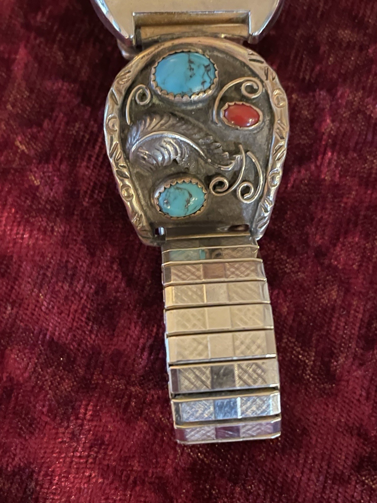 VTG Alfred Martinez Navajo watch band sterling silver Turquoise & Red Coral