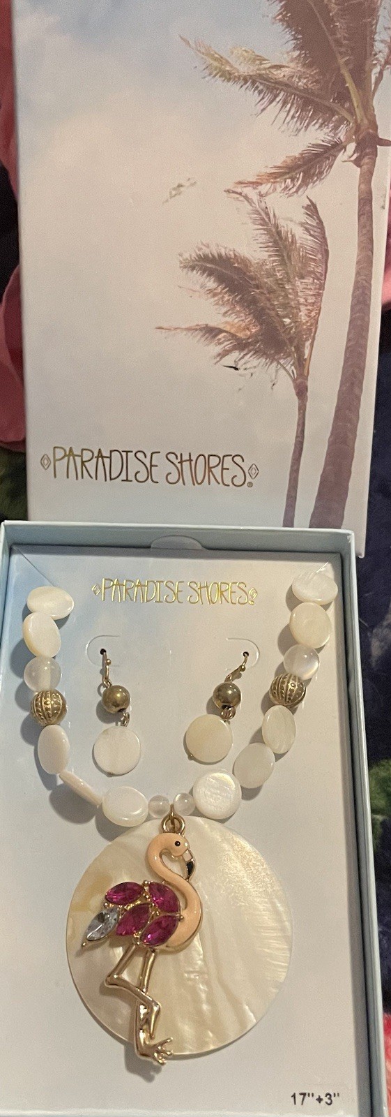 Paradise Shores Pink Flamingo & Shell Necklace & Earrings Set Tropical Jewelry