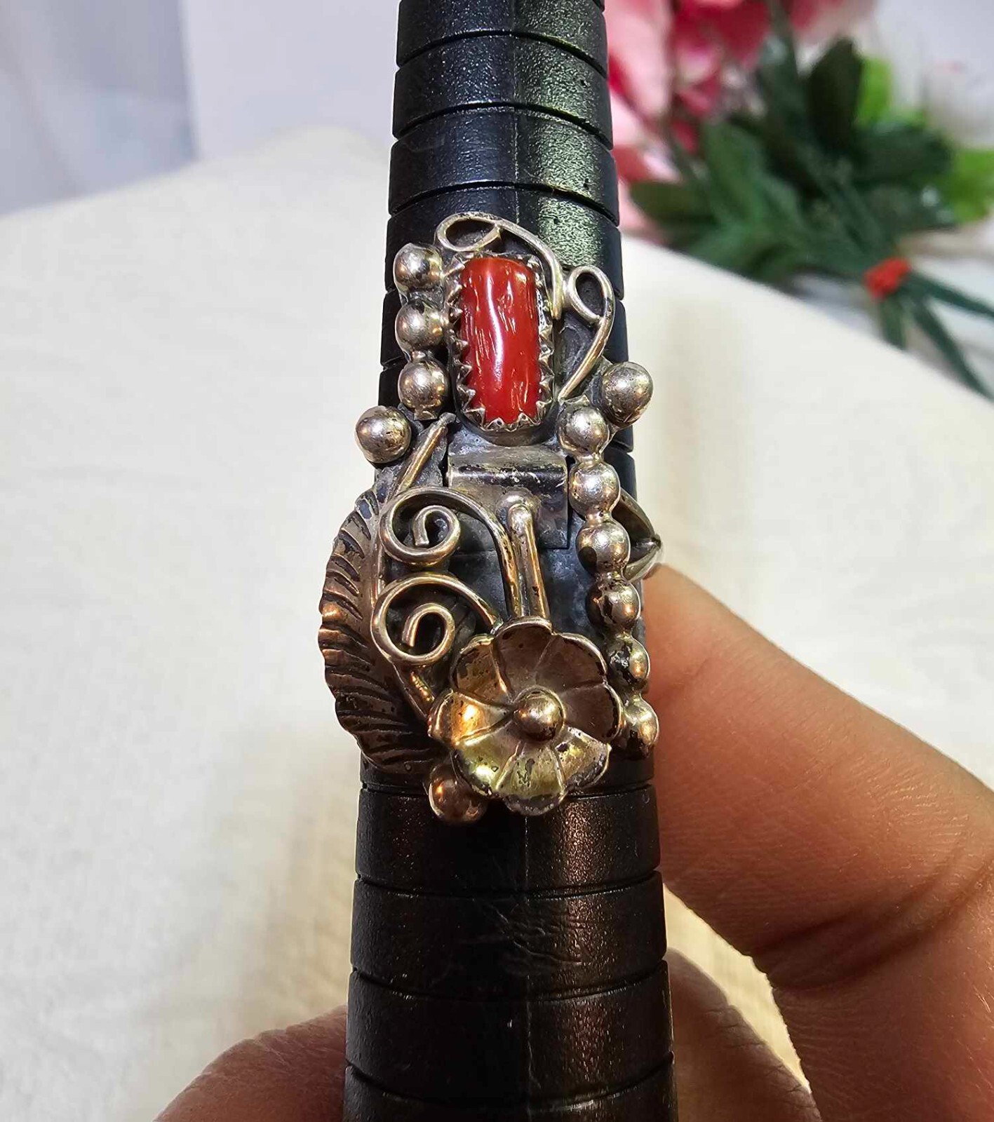 Signed MR Sterling native american navajo Ring Sz 7″ w coral flower leaf -B27