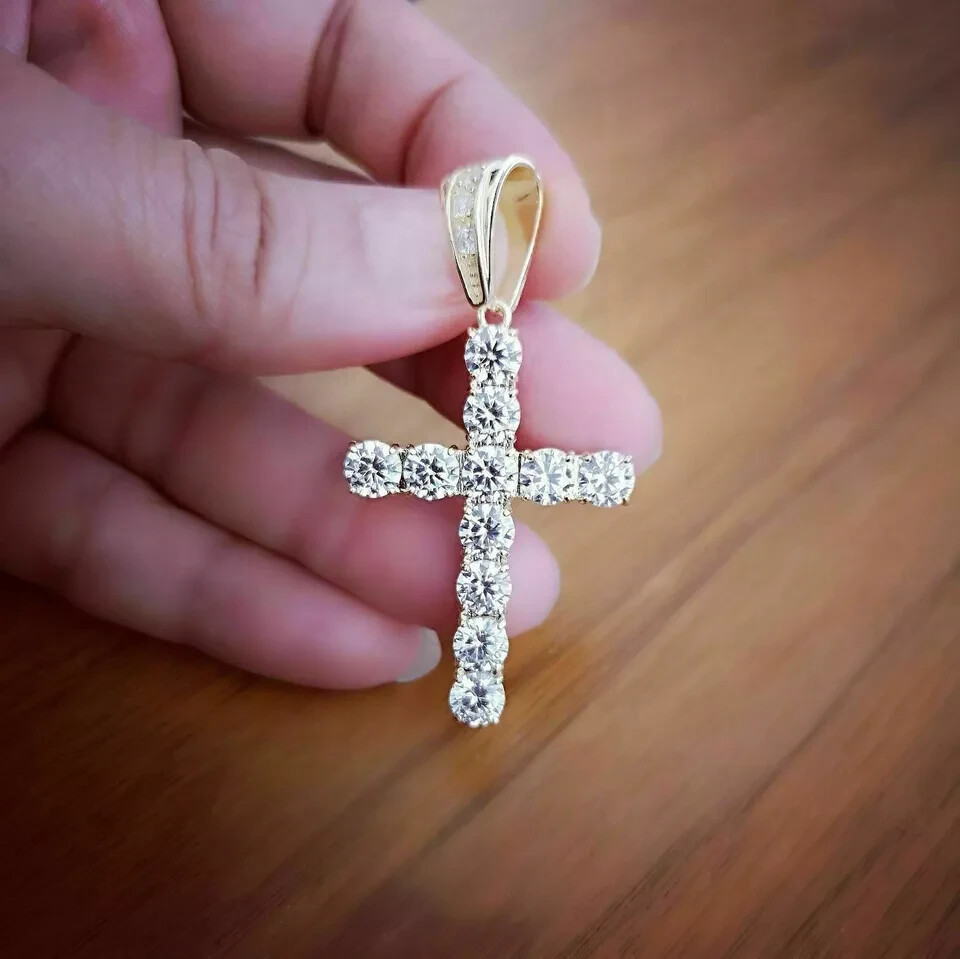 3Ct Round Cut VVS1/D Diamond Cross Pendant 14K Yellow Gold Finish Free Chain