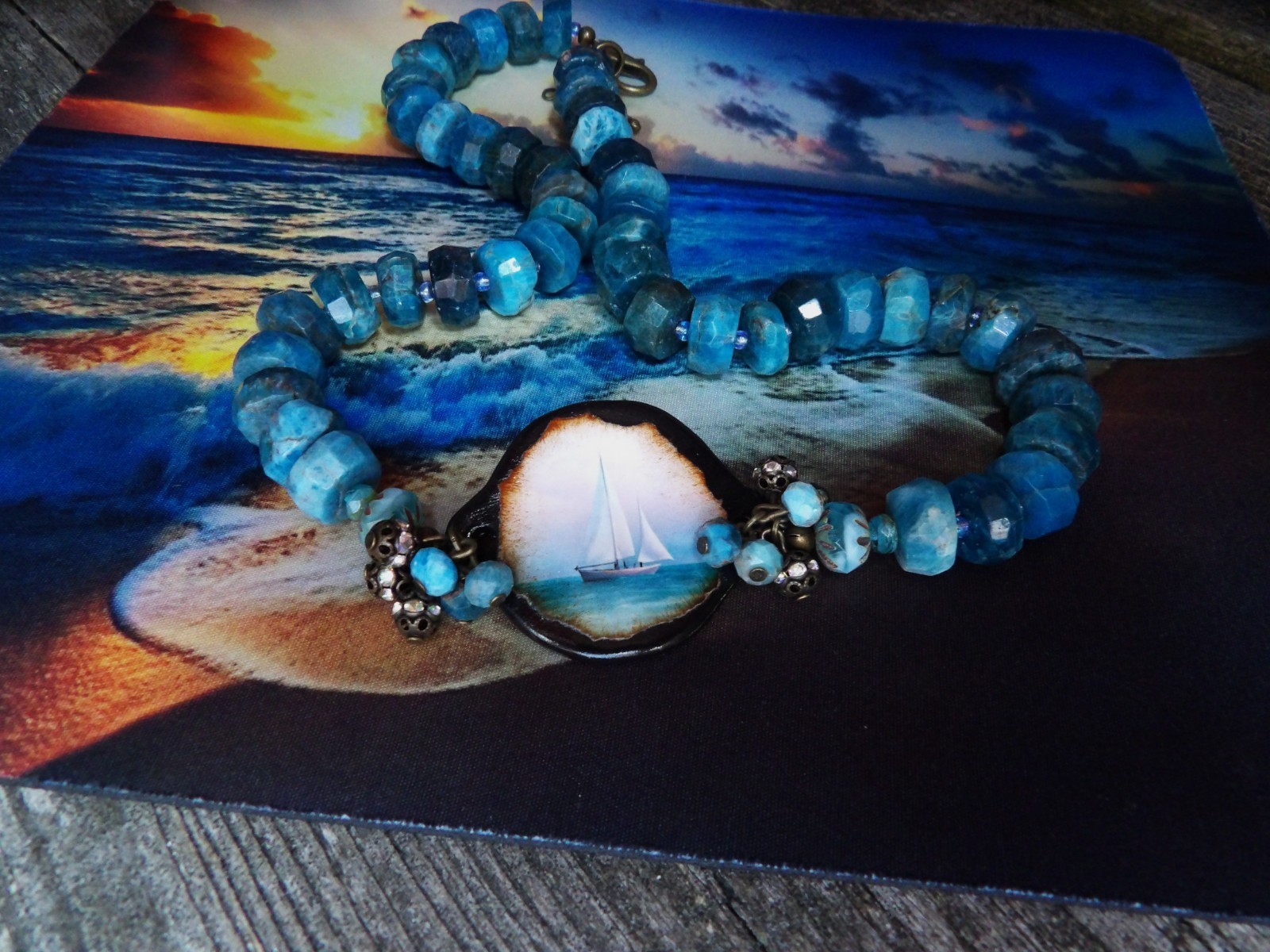 Necklace, Ocean, Apatite Beads, Sailboat, Beach, One of a Kind