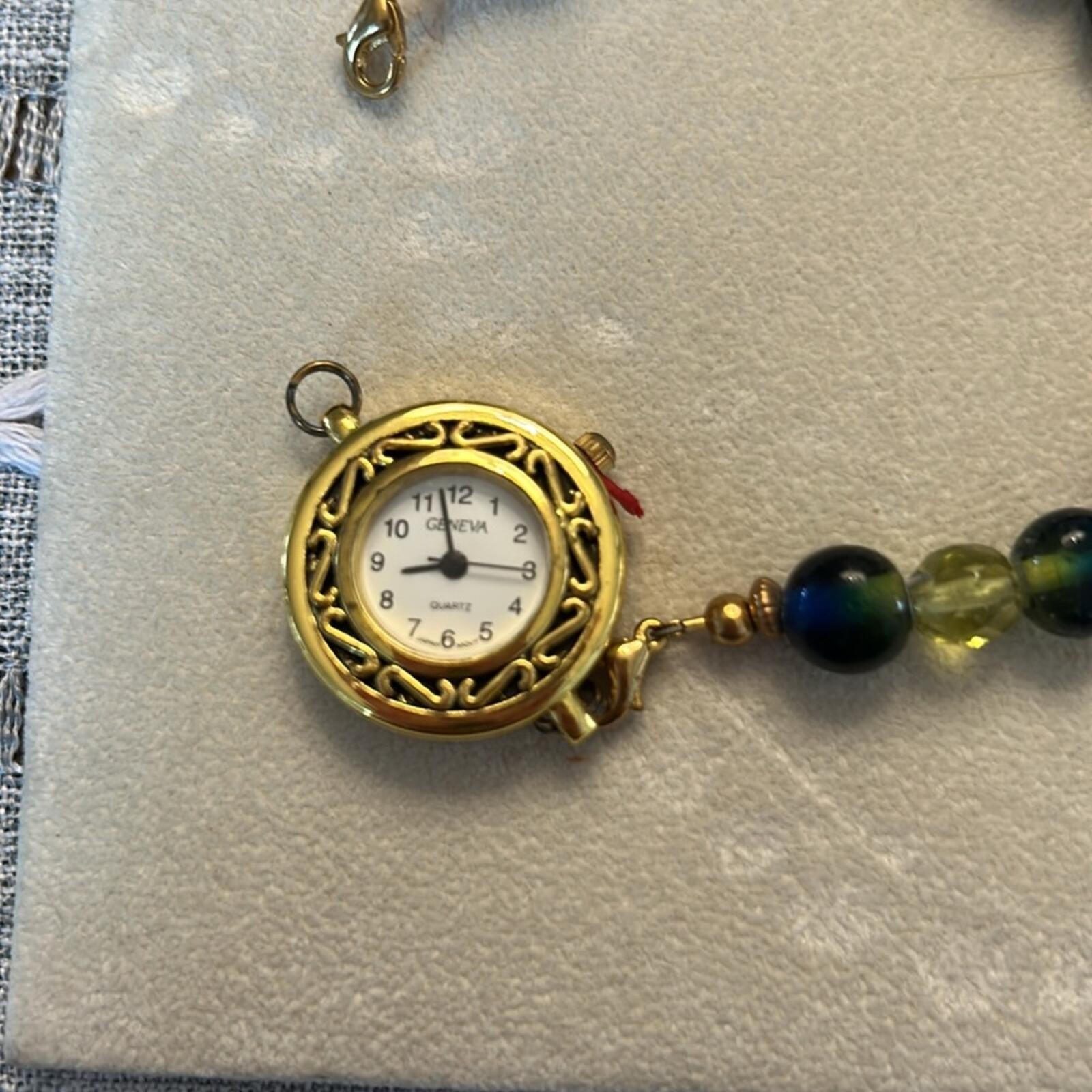 Watch & Bracelet Set w/elegant royal & olive glass beads & gold-plated accents.