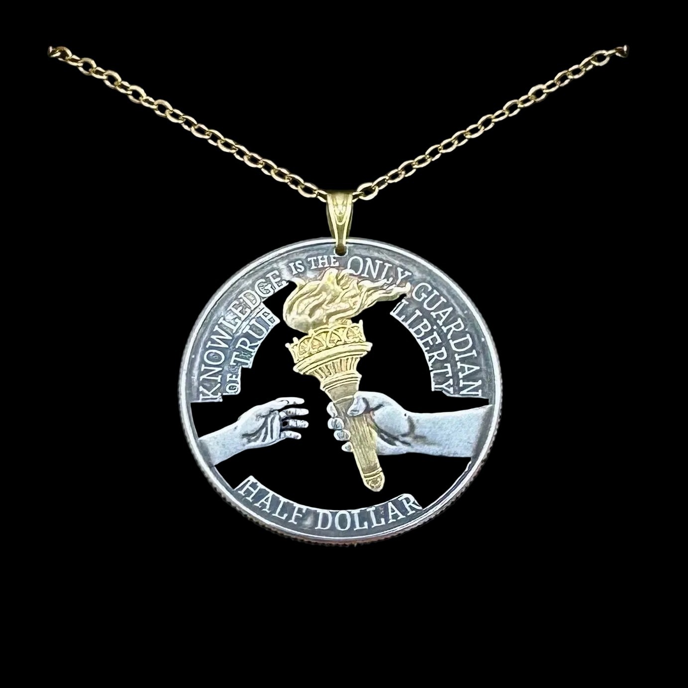 U.S. 2026 “Knowledge is Liberty” Half Dollar Hand Cut Coin Necklace 18″ NEW