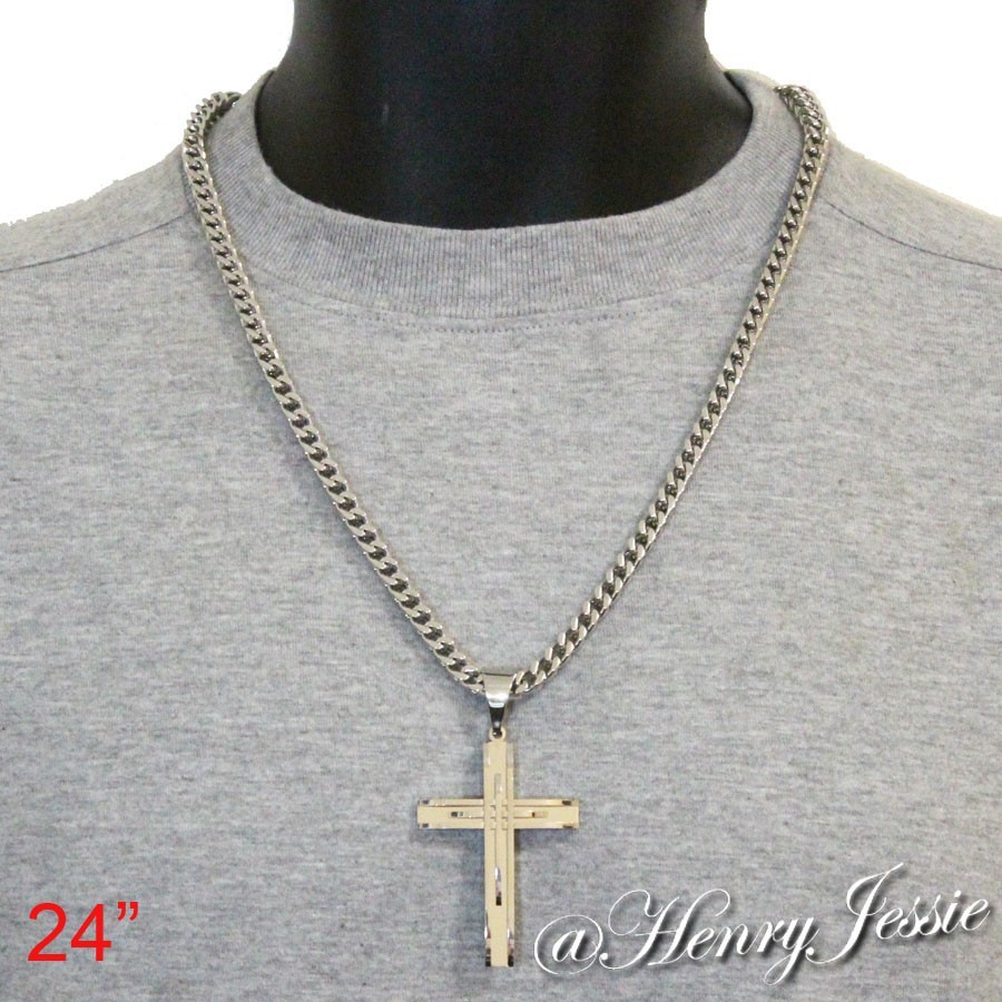 24″Stainless Steel 6mm Silver Cuban Curb Box Link Chain Necklace Cross Pendant*A