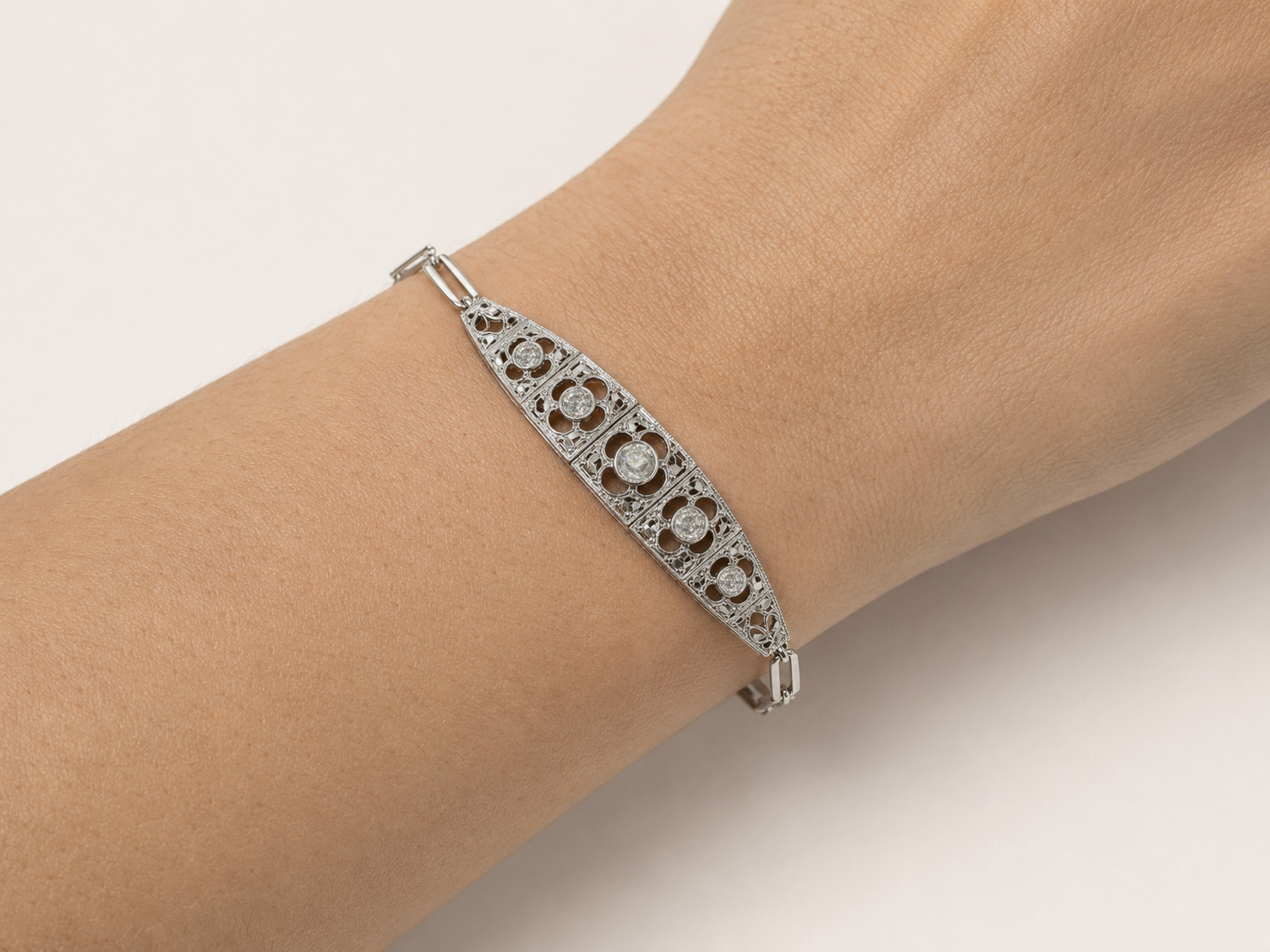 White Gold-Filled and Diamond Art-Deco Open Work Line Bracelet