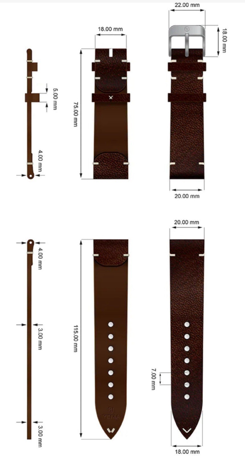 New Yema 20mm Brown Leather Strap Vintage Style w/ Buckle and Spring Bars