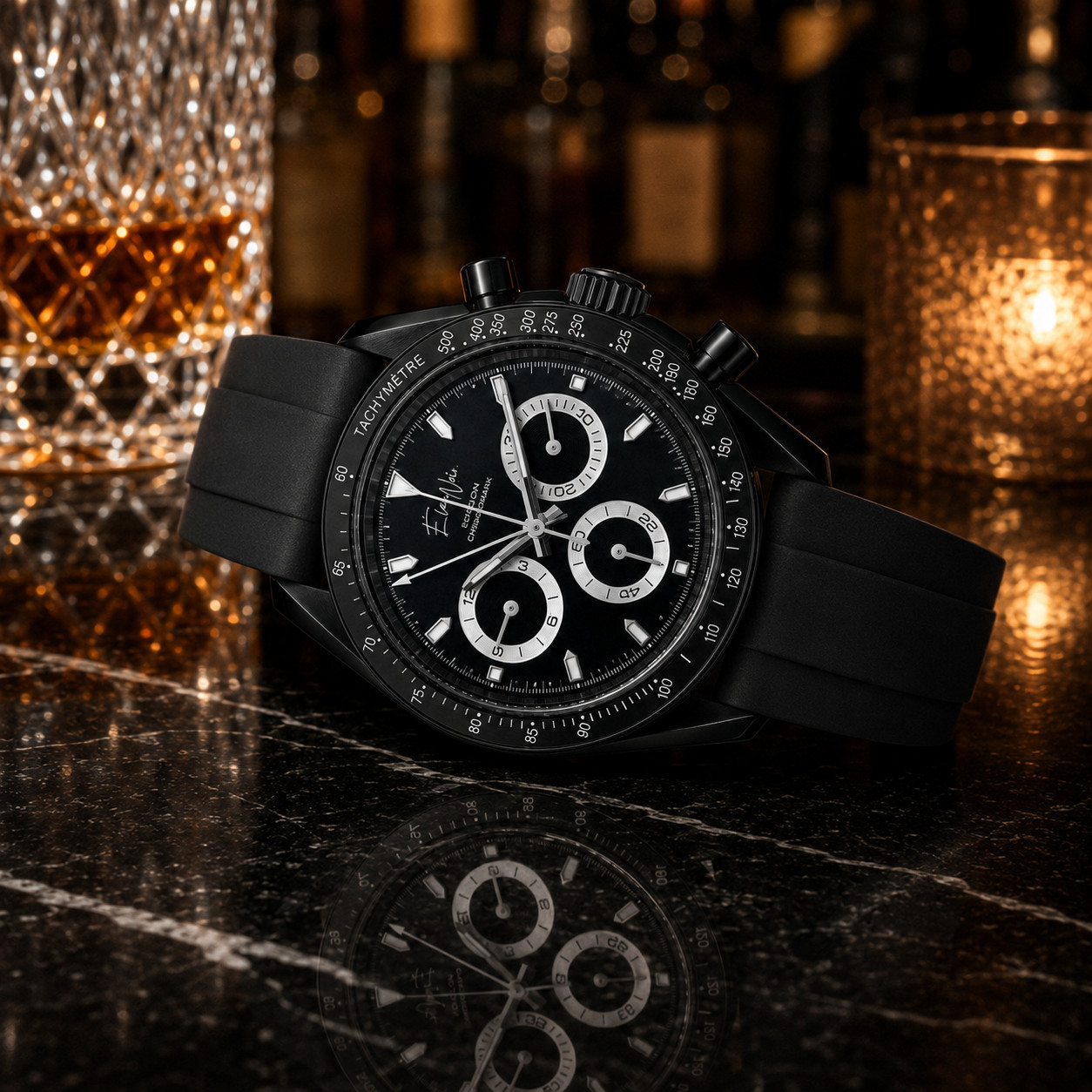 Custom Élan Noir Mens Chronograph Watch Black Dial Sapphire Crystal Steel 40mm