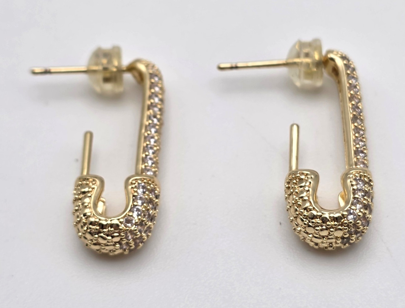 Gold Tone Clear CZ Pavé Safety Pin Stud Earrings 1 Inch Edgy Punk