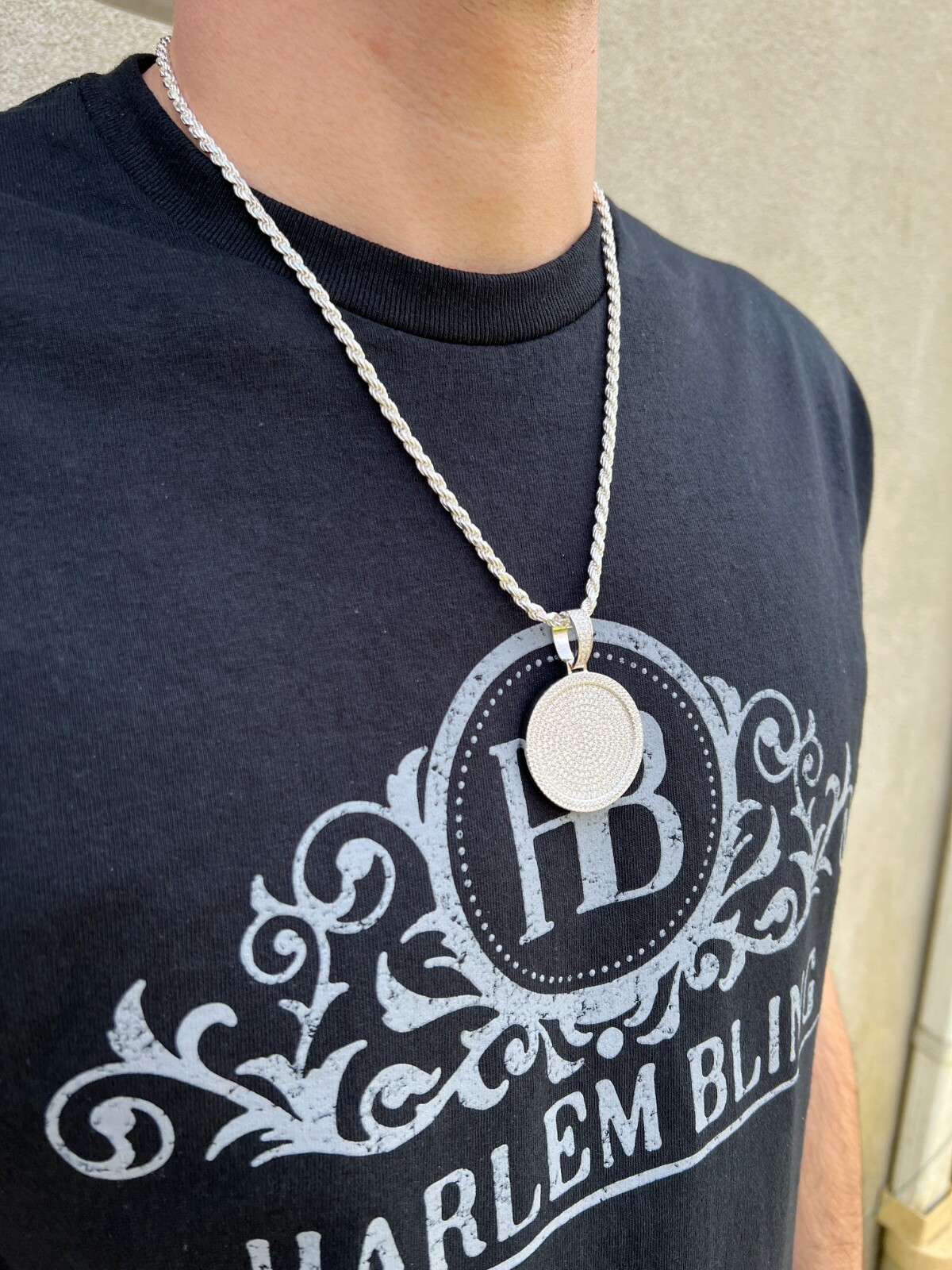 Solid 925 Silver Bling CZ Iced Round Hip Hop Dog Tag Medallion Pendant Necklace
