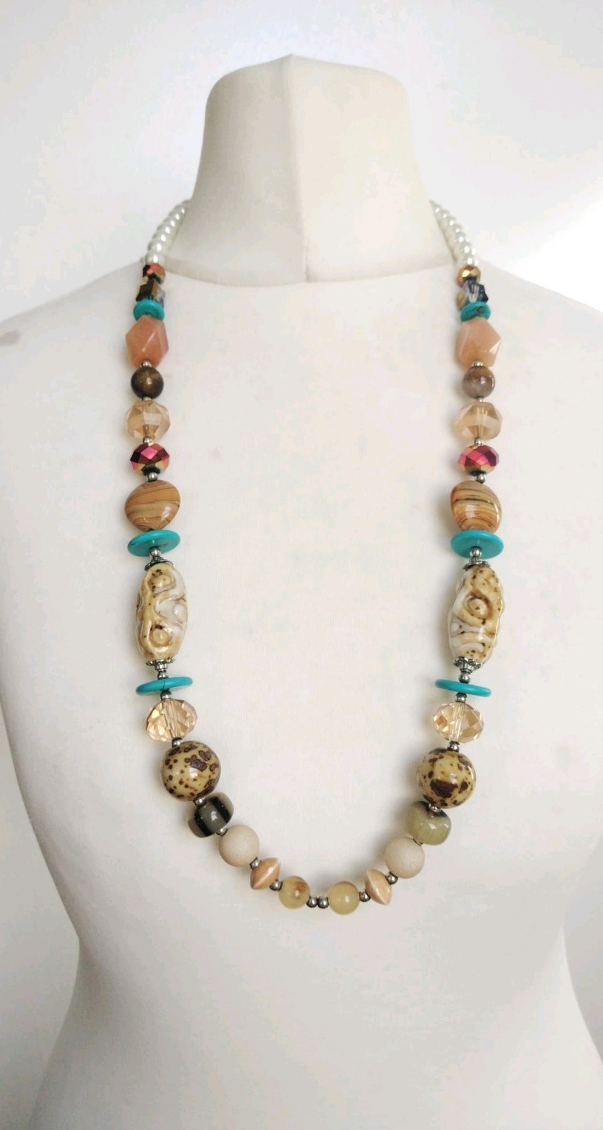 Long Blue Brown White Faux Pearl, Porcelain, Stone, Glass Mixed Beads Necklace