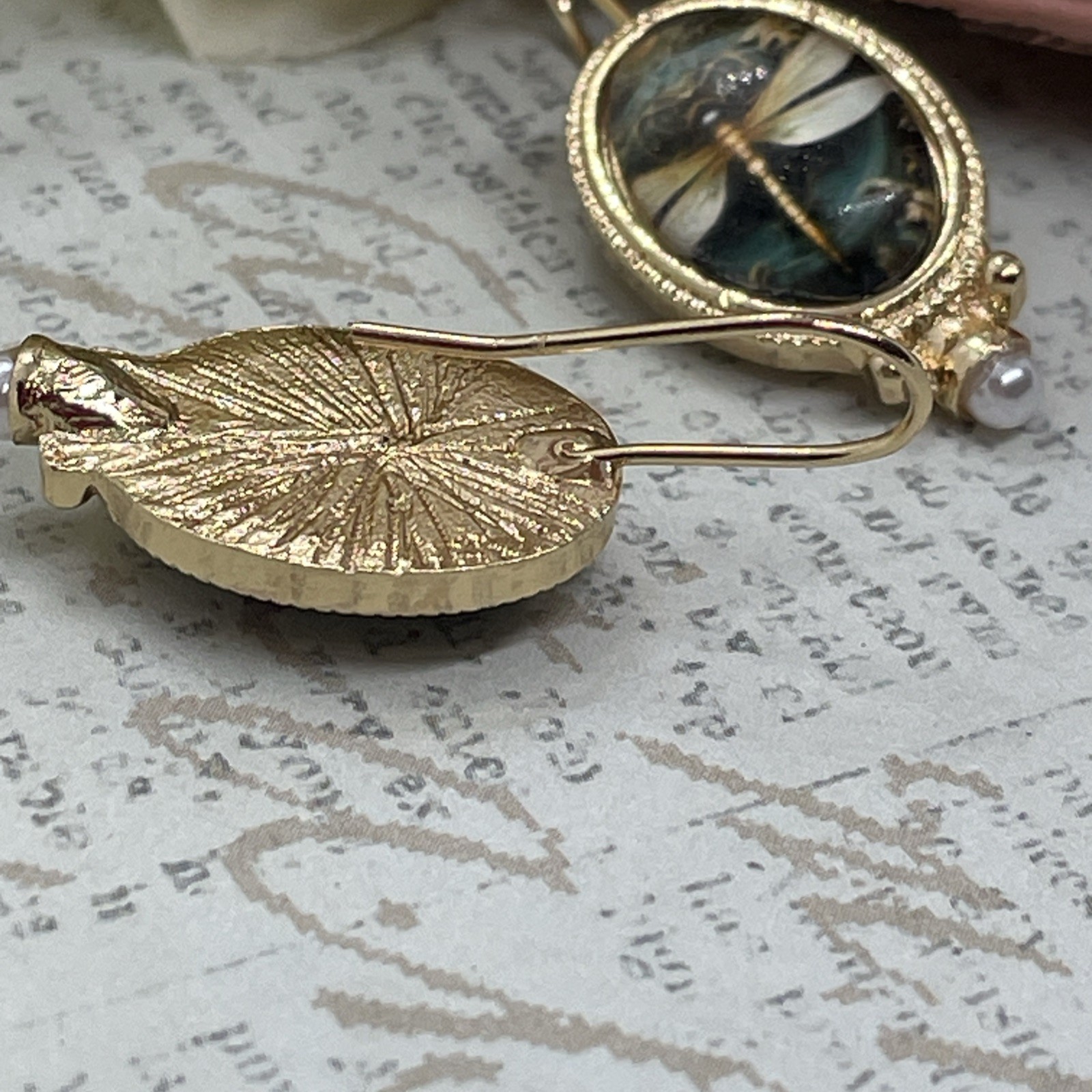 Gold plate Pearl Dragonfly Wire Purple Earrings Spring Gift Mom Birthday Wife