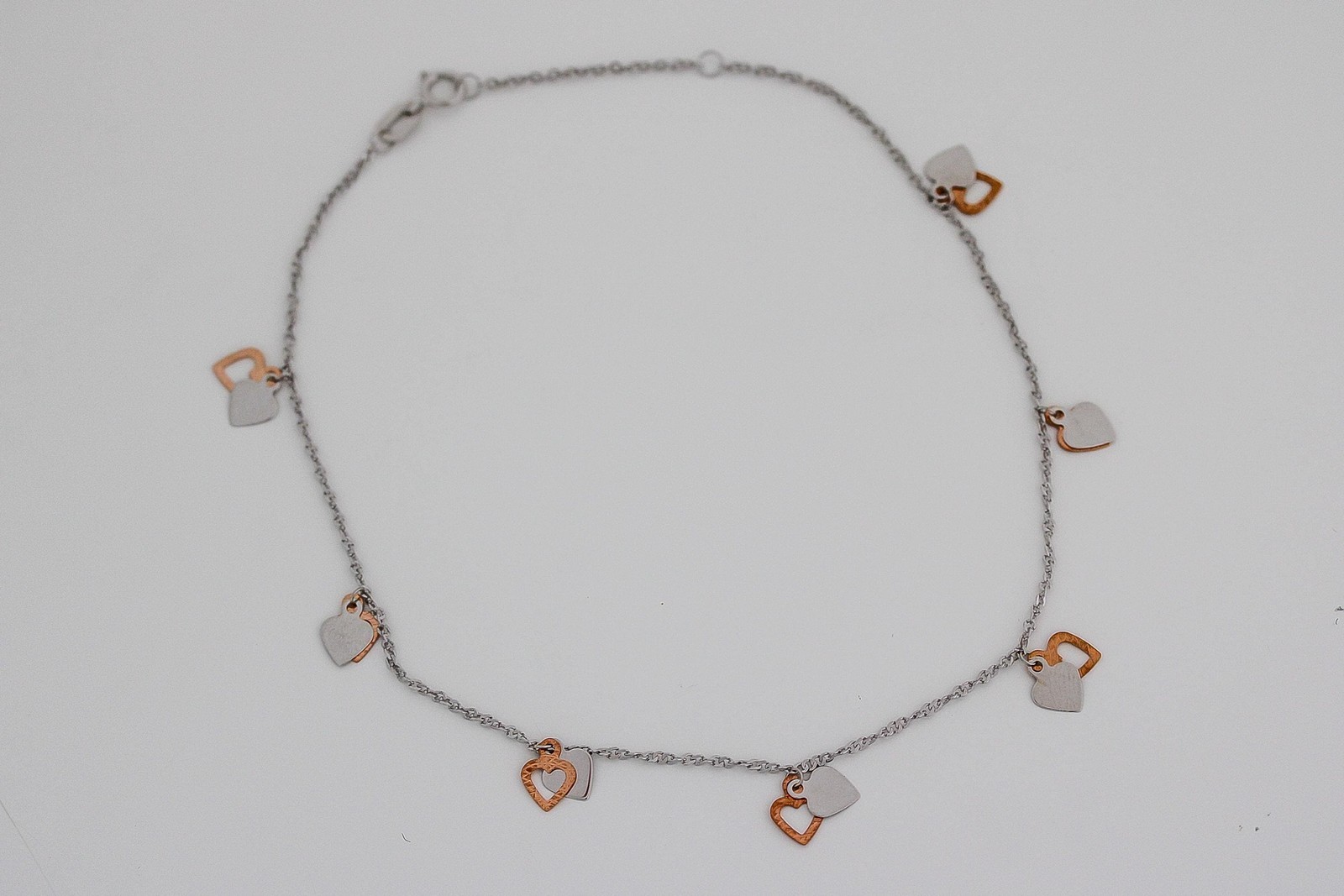 Double Heart Anklet 14k Solid Rose & White Gold Two-Tone Cable Chain 9 or 10″