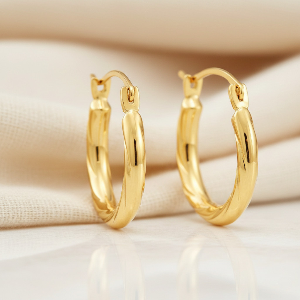 14K Real Solid Yellow Gold Twisted Round Creole Hoops Earrings Small Size 15MM