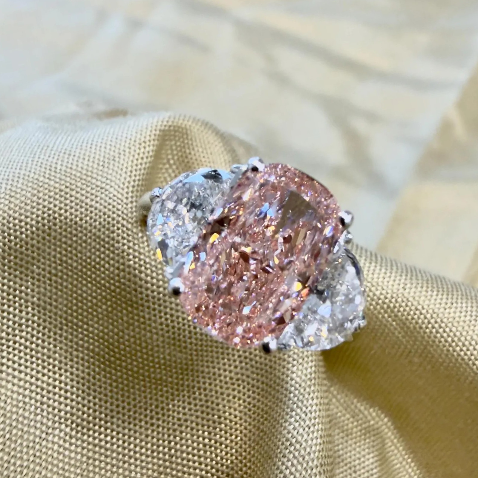 IGI Lab Created Fancy Vivid Pink Diamond Ring 4.80 CT Cushion Cut 18K White Gold