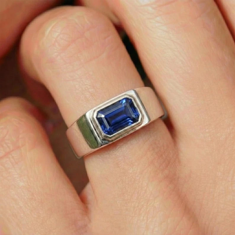 6 Ct Stone Natural Certified Blue Sapphire Ring 925 Sterling Silver Emerald Cut