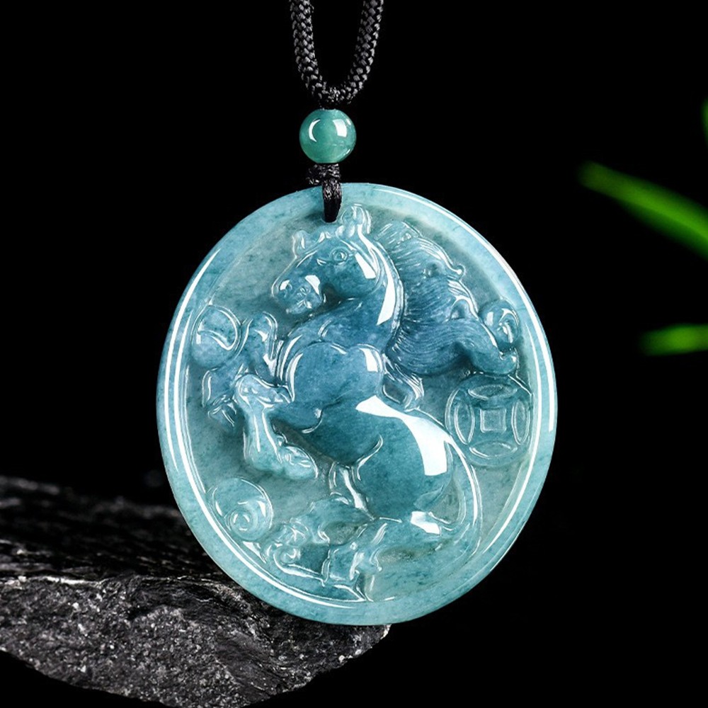 Certified Natural Burma A Jade jadeite Carved Zodiac Horse Luck Pendant Necklace