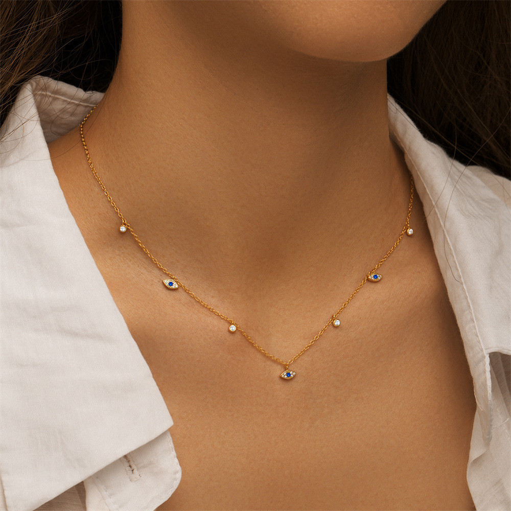 Gold Plated 925 Sterling Silver Blue CZ Evil Eye Station Necklace for Women