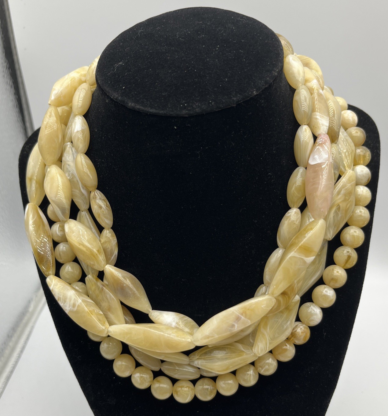 Multi-strand Chunky Acrylic Lucite Retro Bohemian Beige Statement Bead Necklace