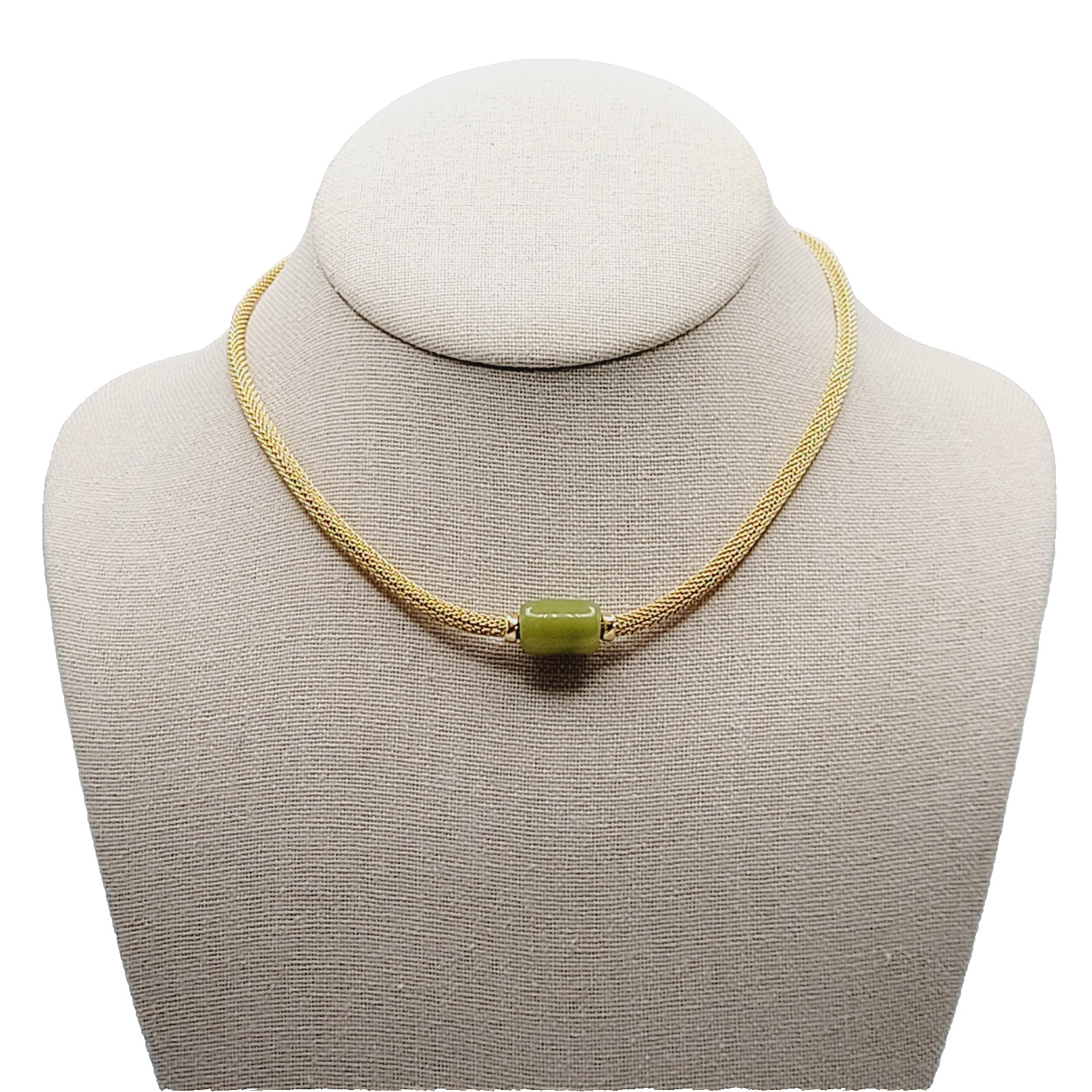 Crown Trifari Mesh Choker Necklace Lime Green Lucite Fixed Barrel Pendant 15 in