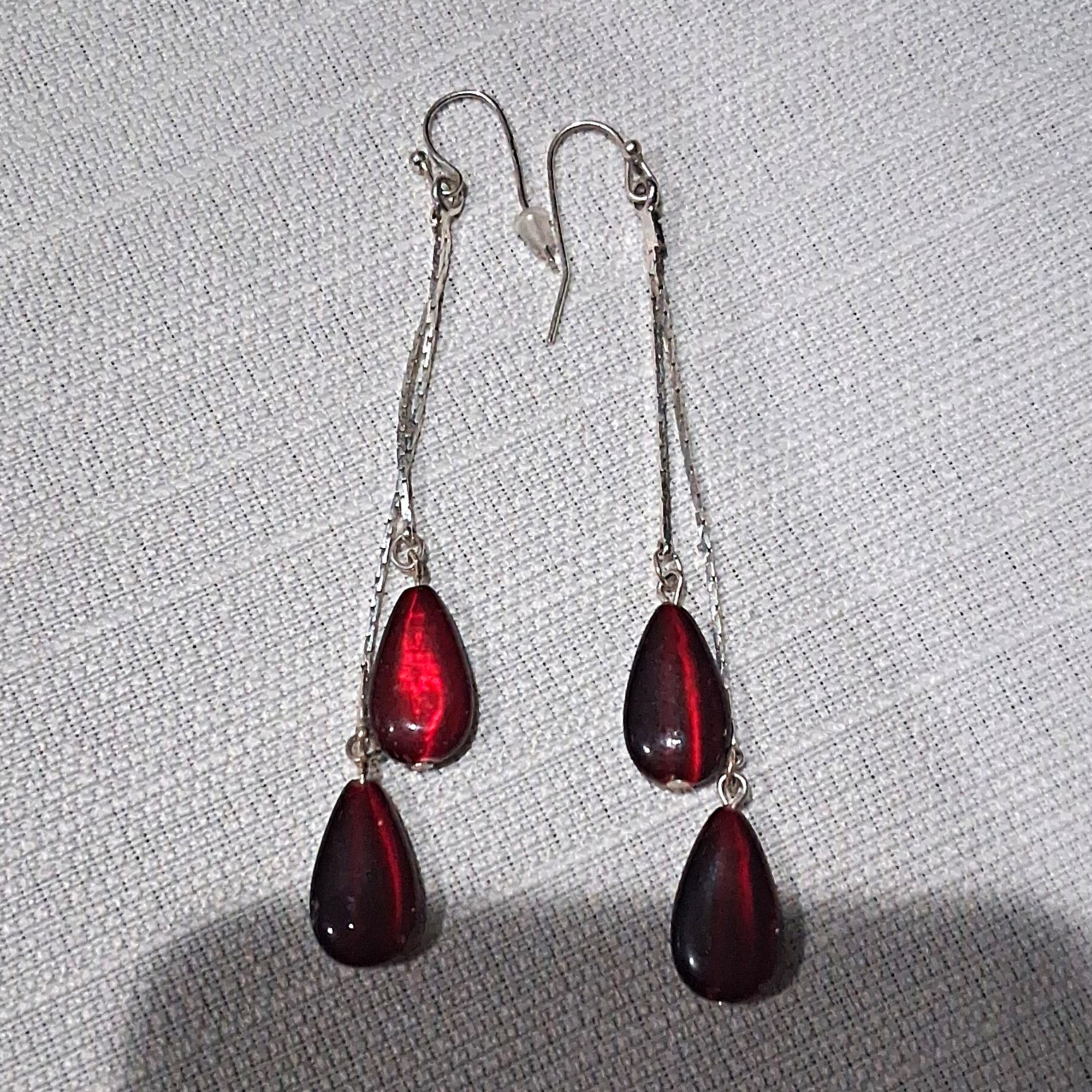 Silver-Tone Metal Red Teardrop Bead Dangle Drop Hook Earrings, 4 Stones