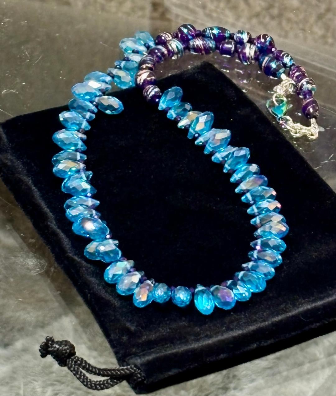 Unique Hand Crafted Blue Faceted Crystals w/Purples/Silver 18″ w/Rainbow Clasp