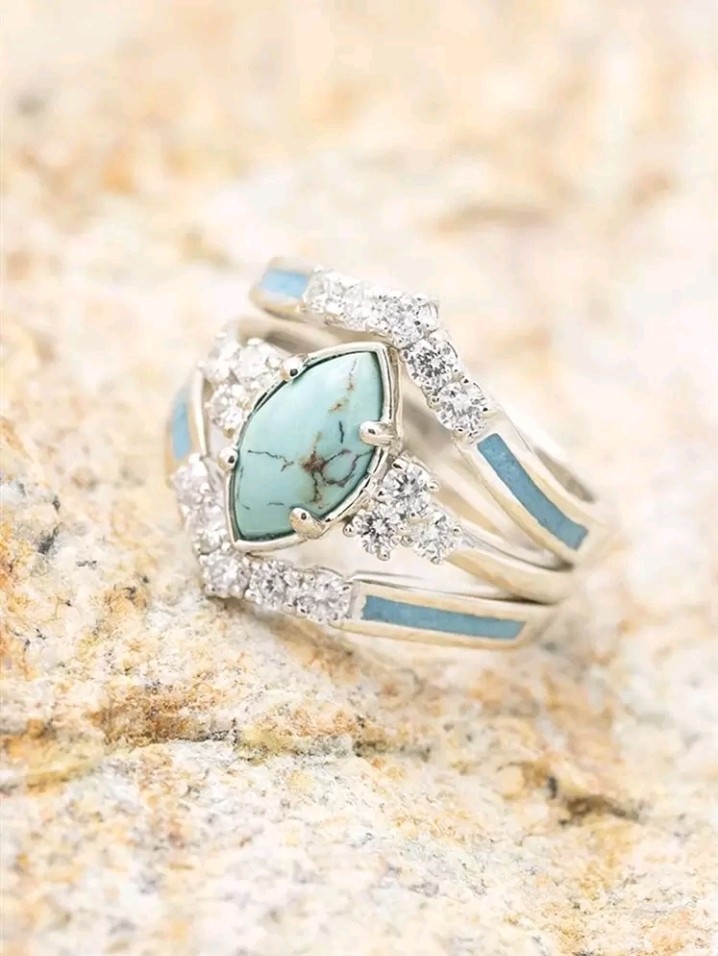 3pc Silver-Plated Zinc Turquoise & White/Colorless CZ Ring Size 6