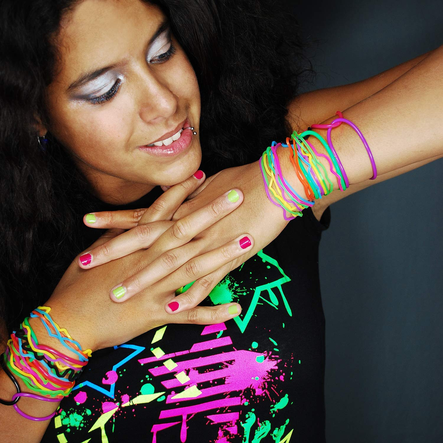120 Pieces Silicone Jelly Bracelets Nonluminous Stretchy 80S Rubber Bracelets