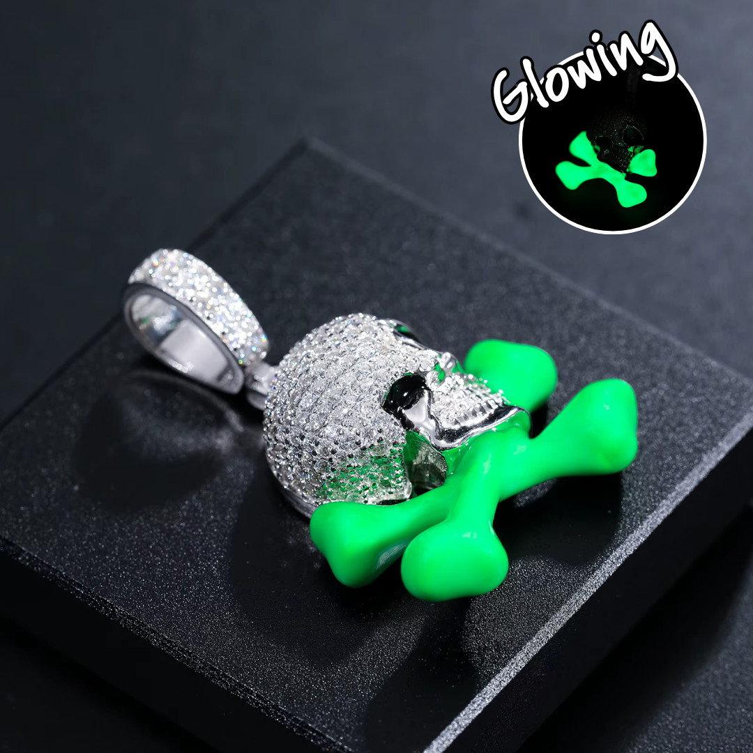 Glow in Dark Skull Crossbones Moissanite Pendant 925 Silver Iced Out Hip Hop