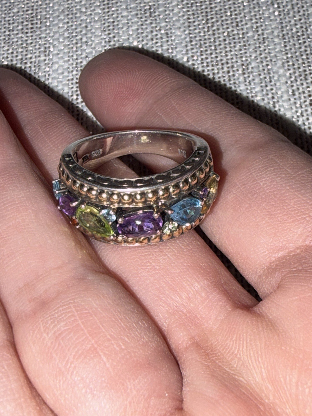 Effy Balissima Multi Stone Silver 18K Gold Ring Size 7