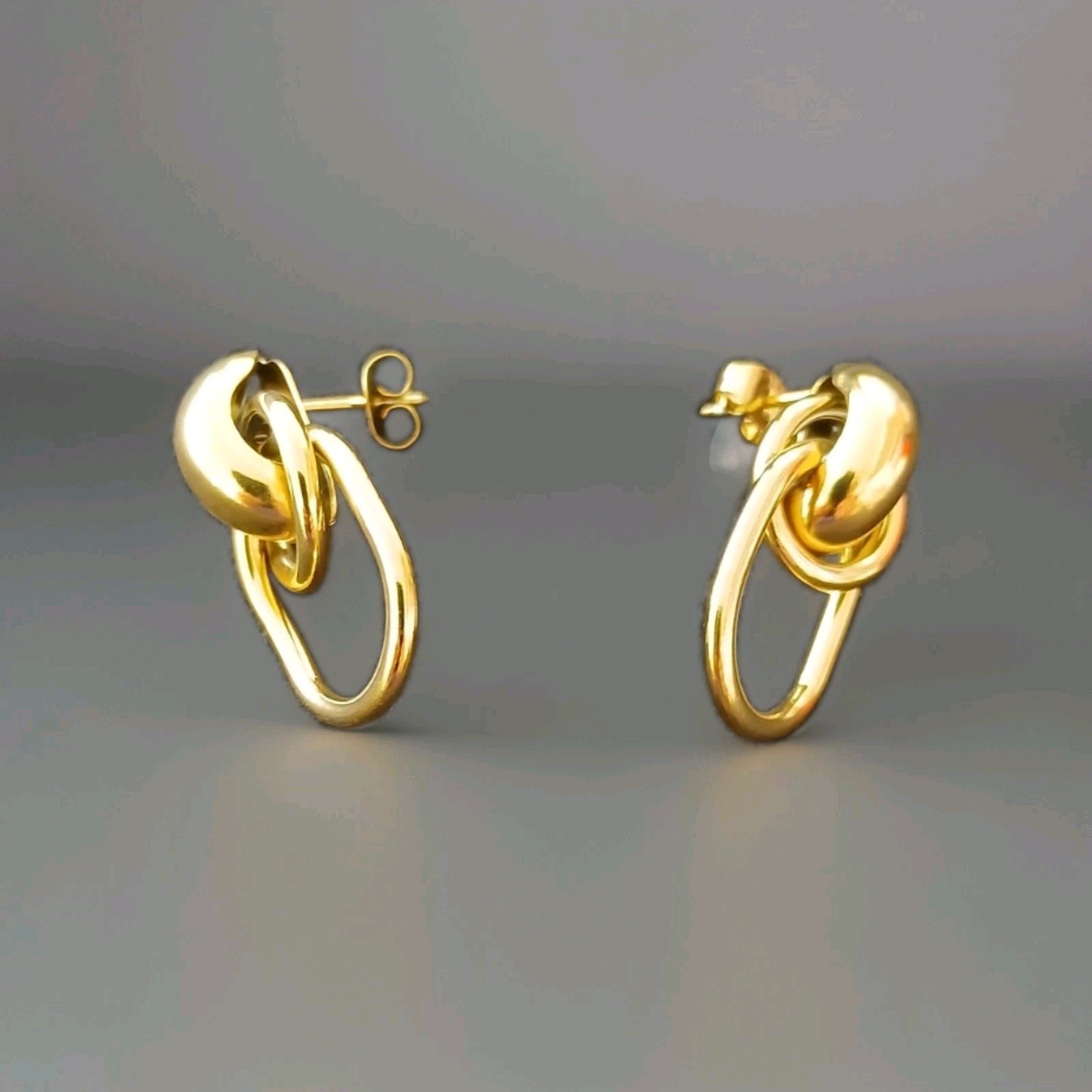 Gold Tone Double Oval Link Dangle Drop Stud Earrings, Butterfly Closure