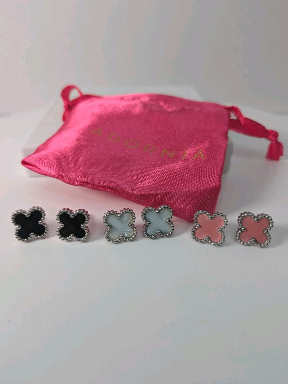 Adornia Set 3 Clover Stud Earrings Silver Pink Black White 14k Gold or Rhodium