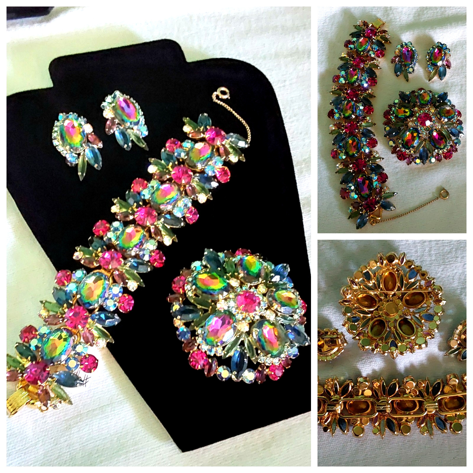 Juliana Rhinestone BRACELET BROOCH EARRING SET Book Pcs Watermelon Vitrail Rare