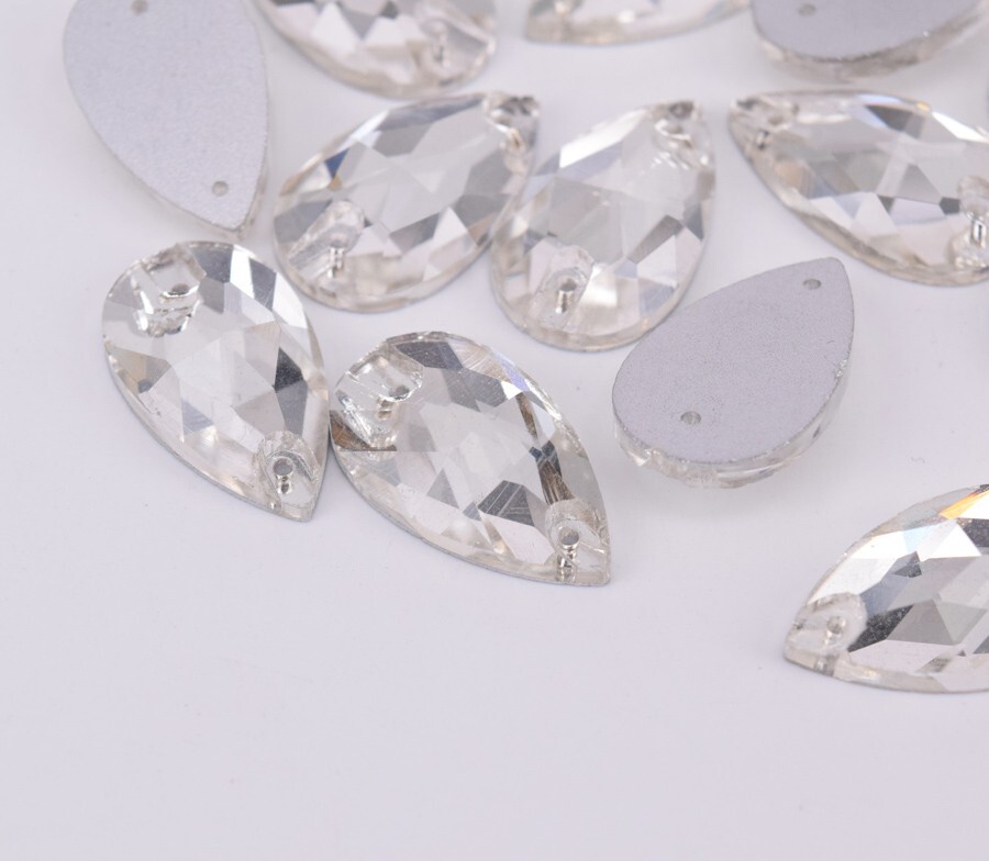 100 pcs Glass Crystal Clear Sew On Rhinestones Tear Drop Flatback Size Selection
