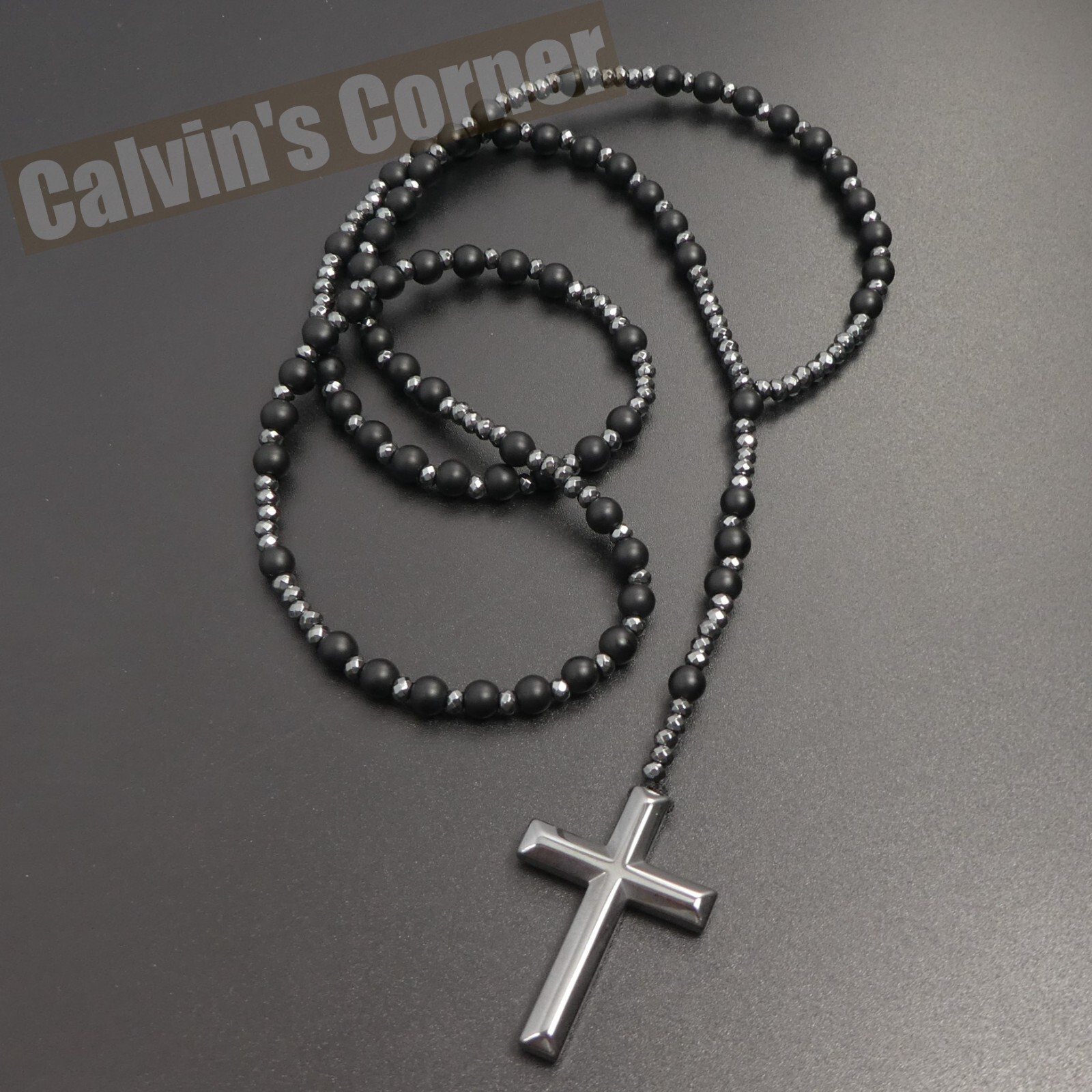 Matte Black Onyx Hematite Rosary Necklace Catholic Christ Cross Men Women Gift