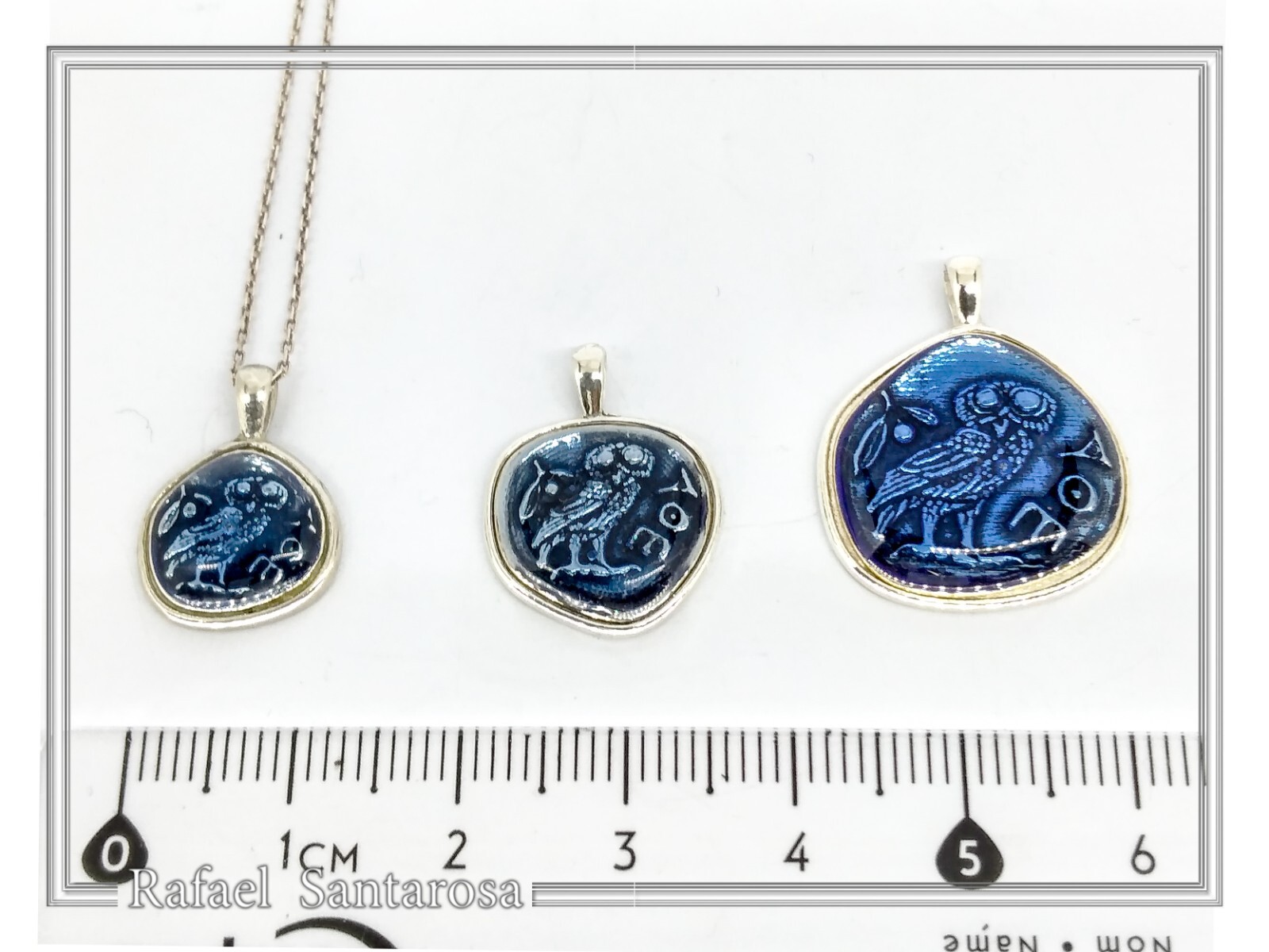 Owl coin pendant enamel oxidized silver Athena’s tetradrachm museum replica