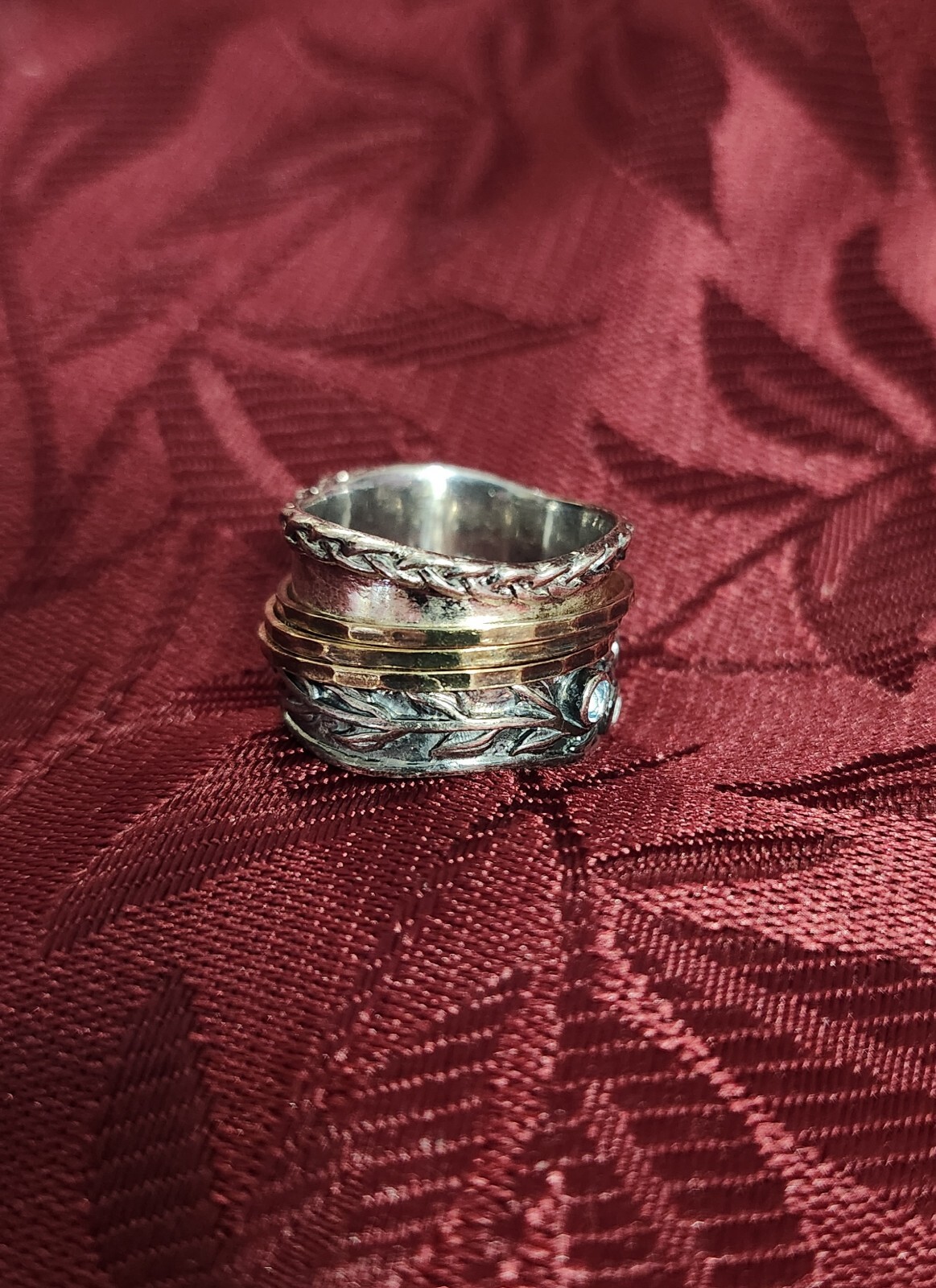 PZ Paz Creation Israel 925 Silver Blue Topaz Two Tone 3 Spinner Band Ring Size 8