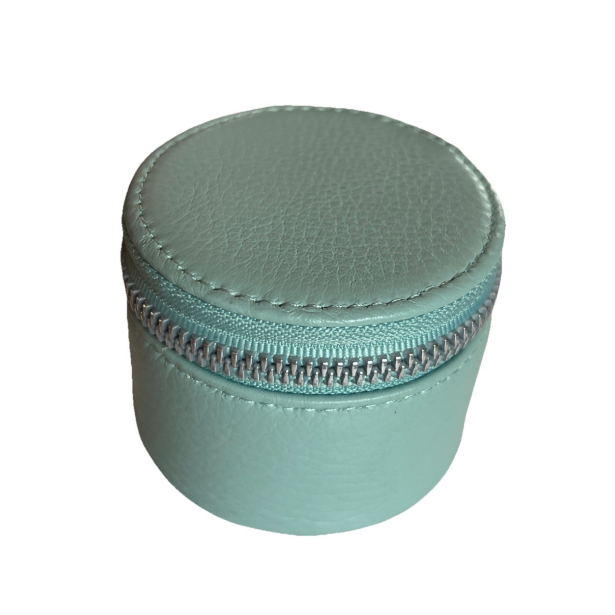 AIMEE Kestenberg Pale Blue Round Leather Silver Zip Compact Travel Jewelry Case