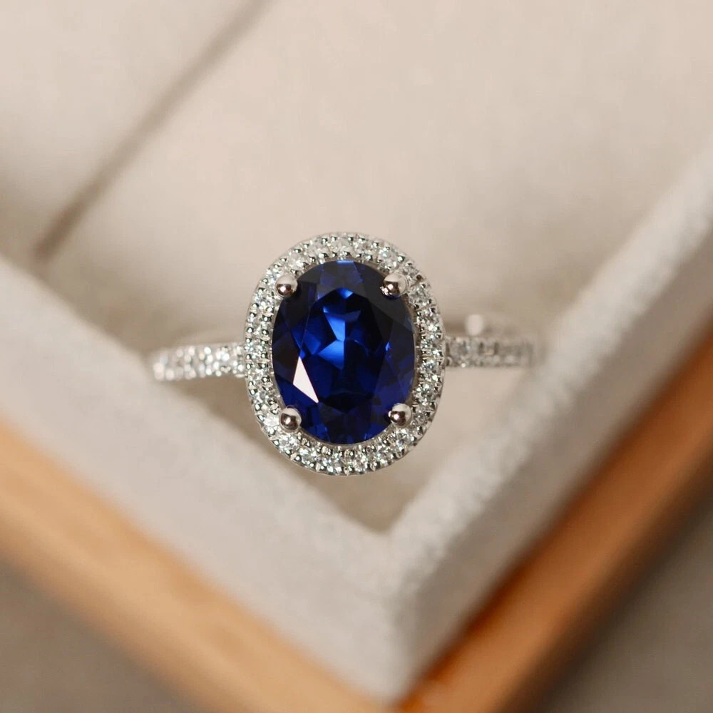5.20Ct Oval Cut Natural Blue Sapphire &Diamond Solid 14K White Gold Wedding Ring