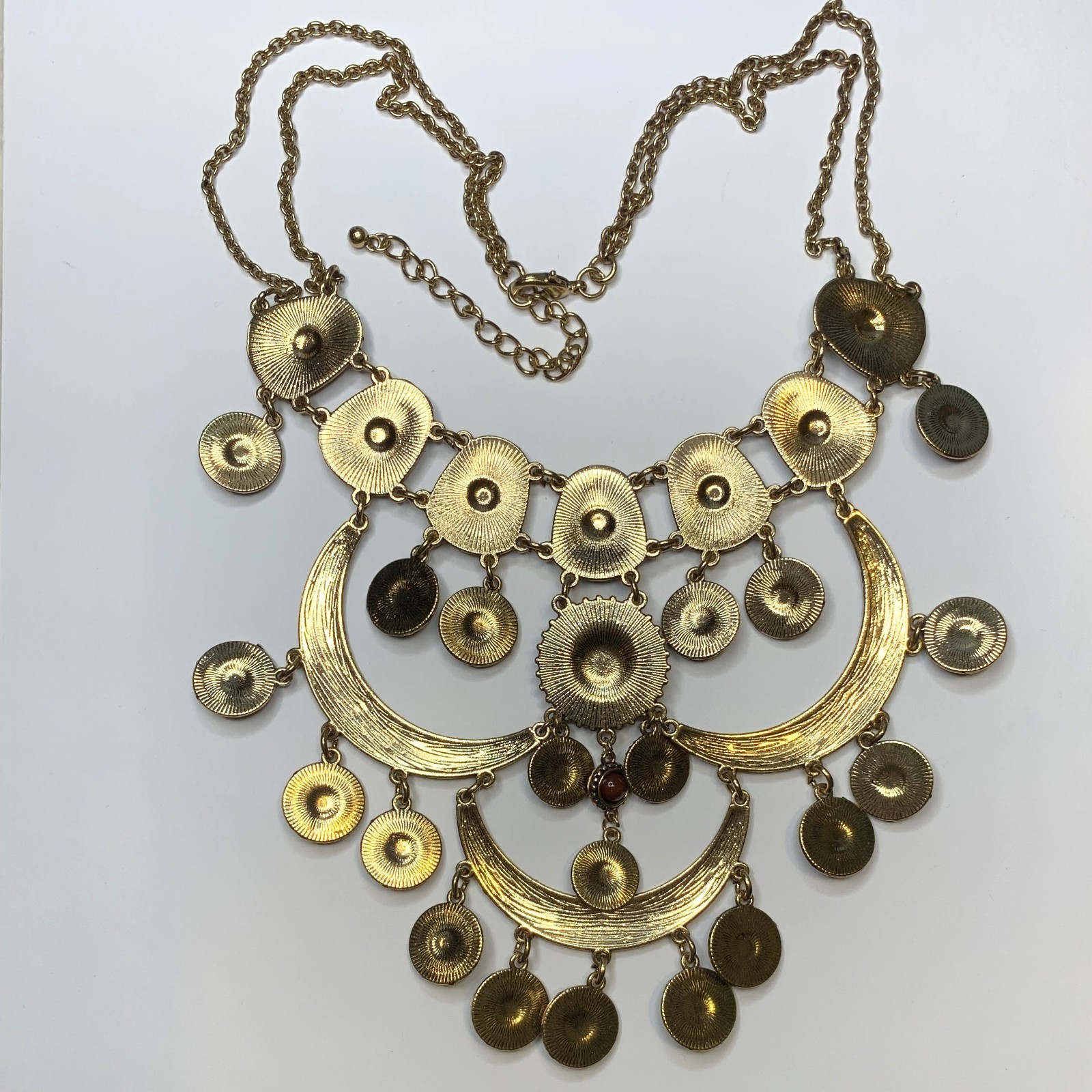 Boho Style Gold Tone Bib Statement Necklace Crescent Shapes w/ Maroon Medallions