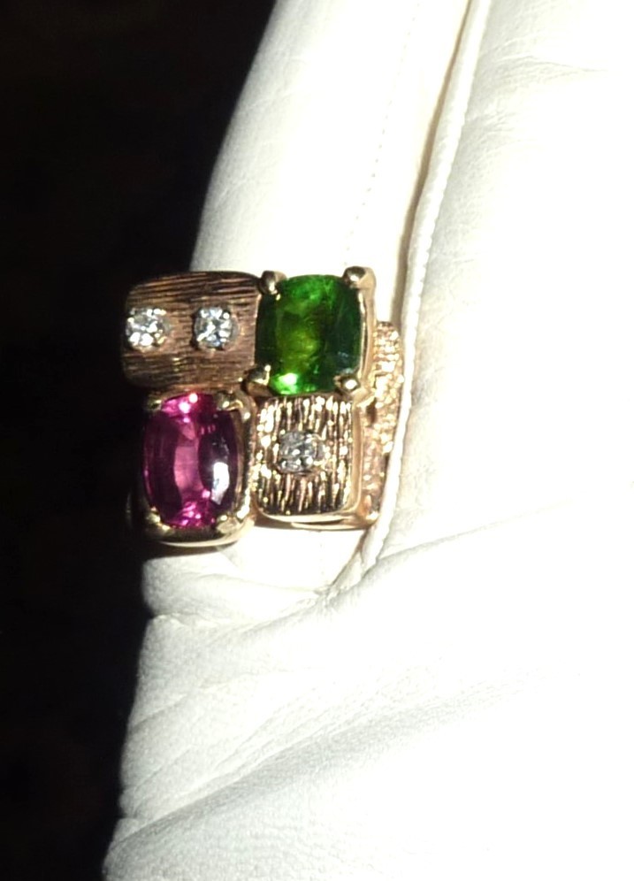 14K Vintage Gold Ring Diamonds Tourmaline Pink Green Semi Precious 6 1/2 8.2 gr