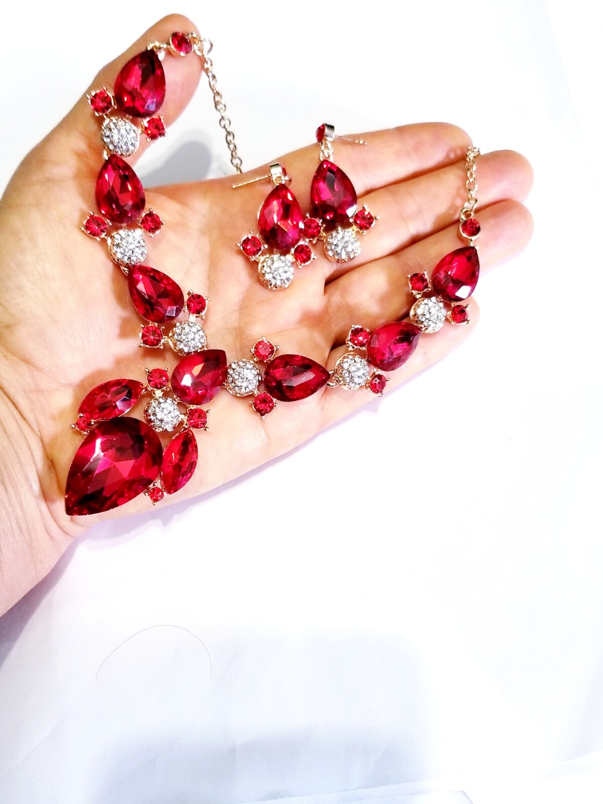 Red Crystal Choker Rhinestone Necklace Earring Set Bridal Prom Pageant