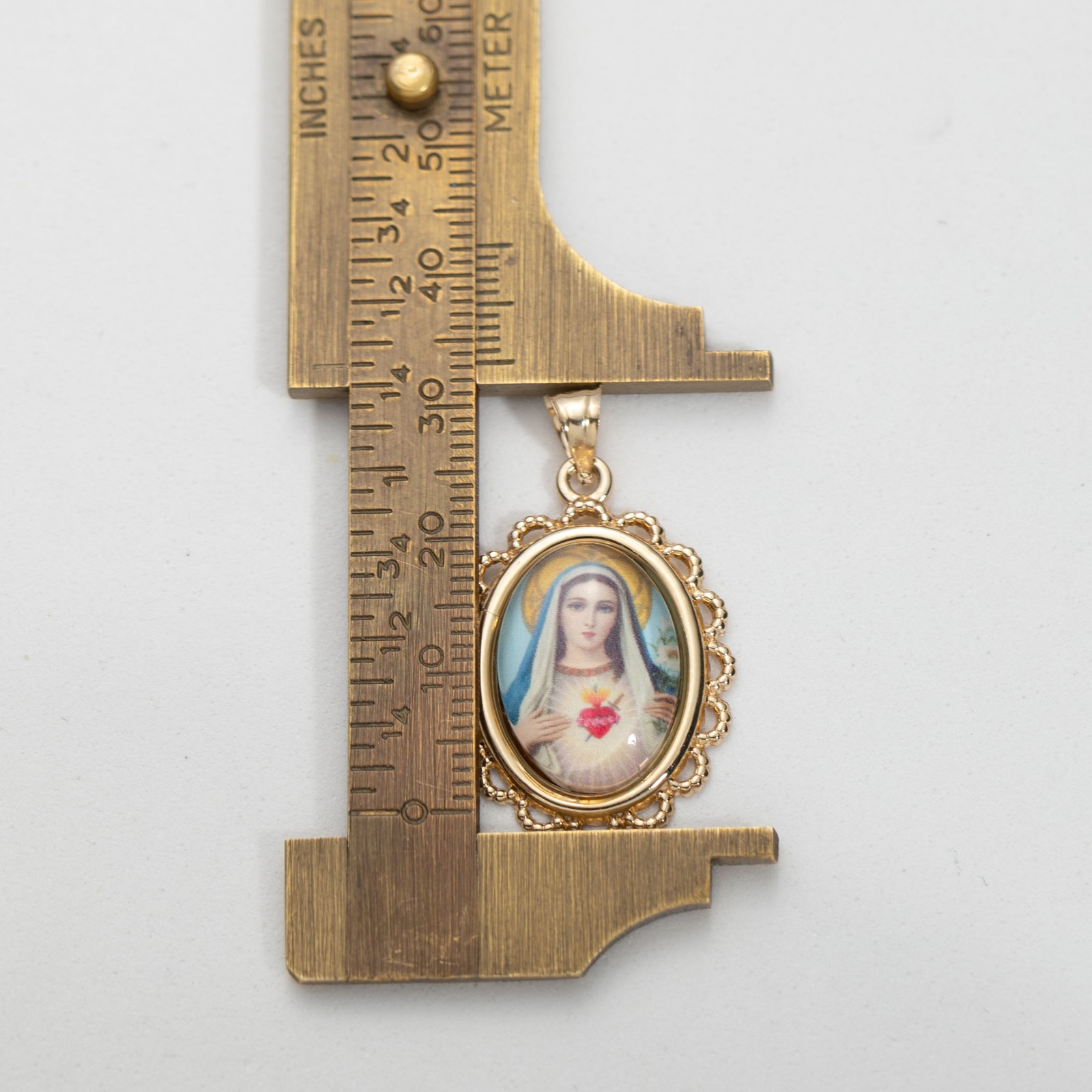 Pendant 14K Gold Dome Sacred Heart of Mary Picture 1 3/8″ Yellow Gold