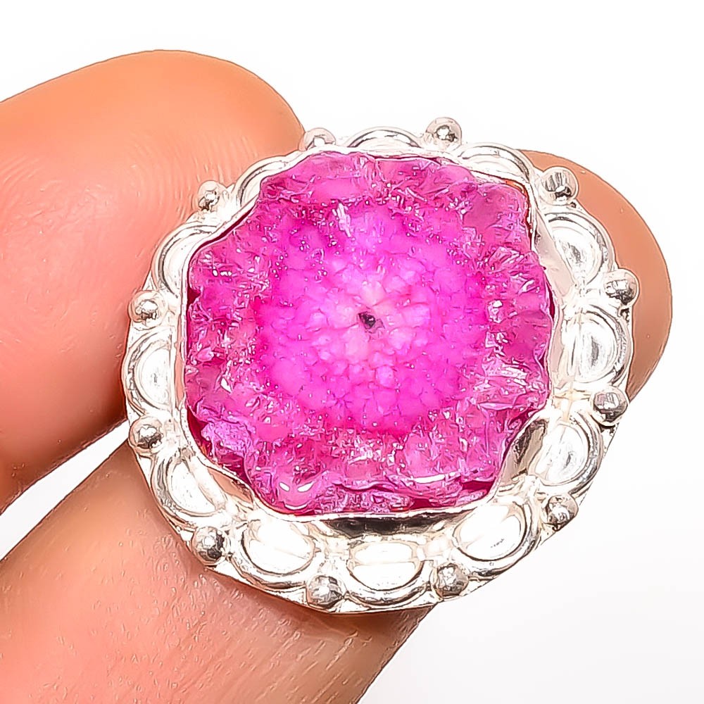 Natural Pink Solar Quartz Eye Gemstone 925 Silver Plated Ring s.9 TR7508-1443