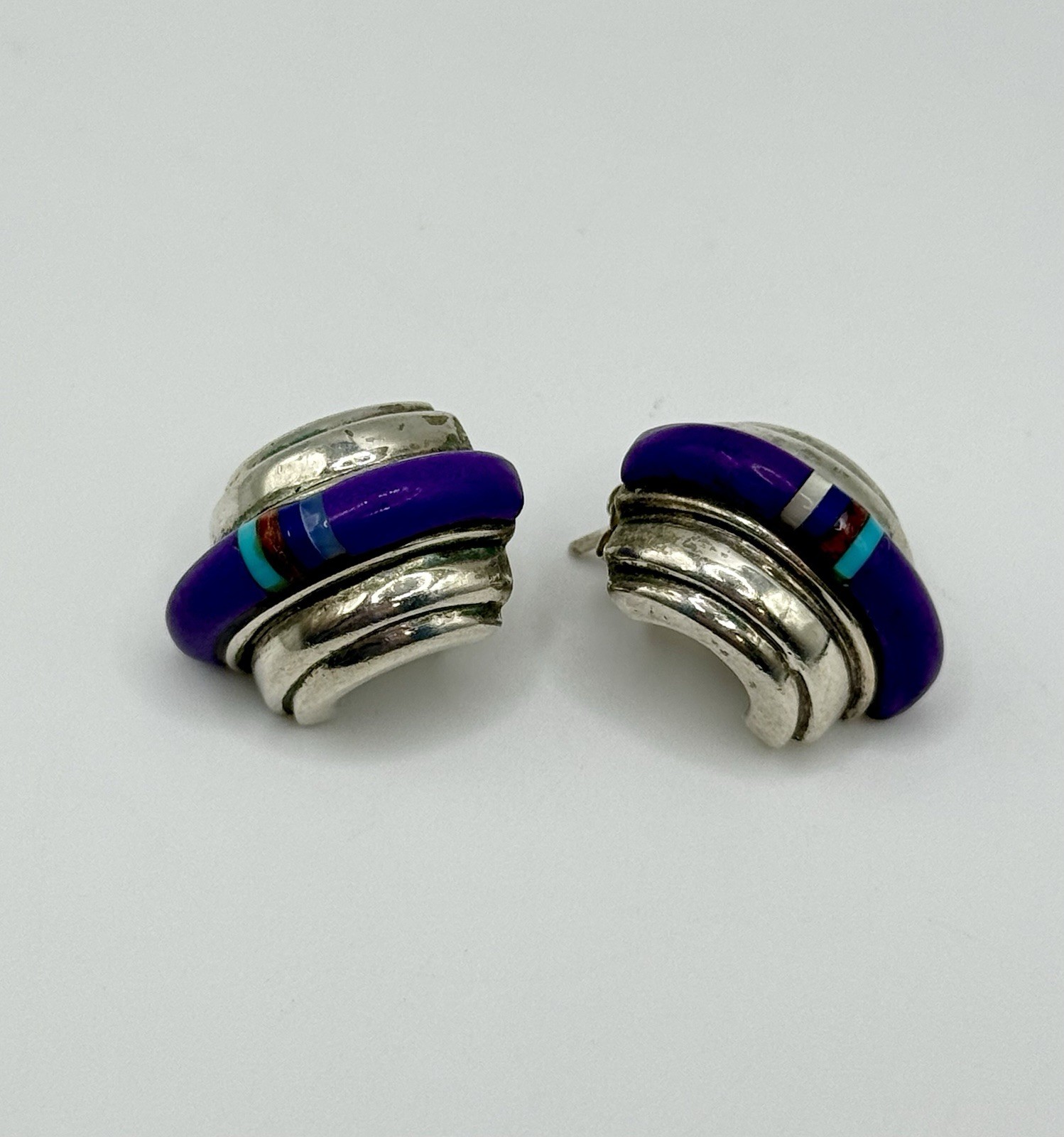 Vintage Sterling Silver Southwestern Sugilite Turquoise Curved Stud Earrings