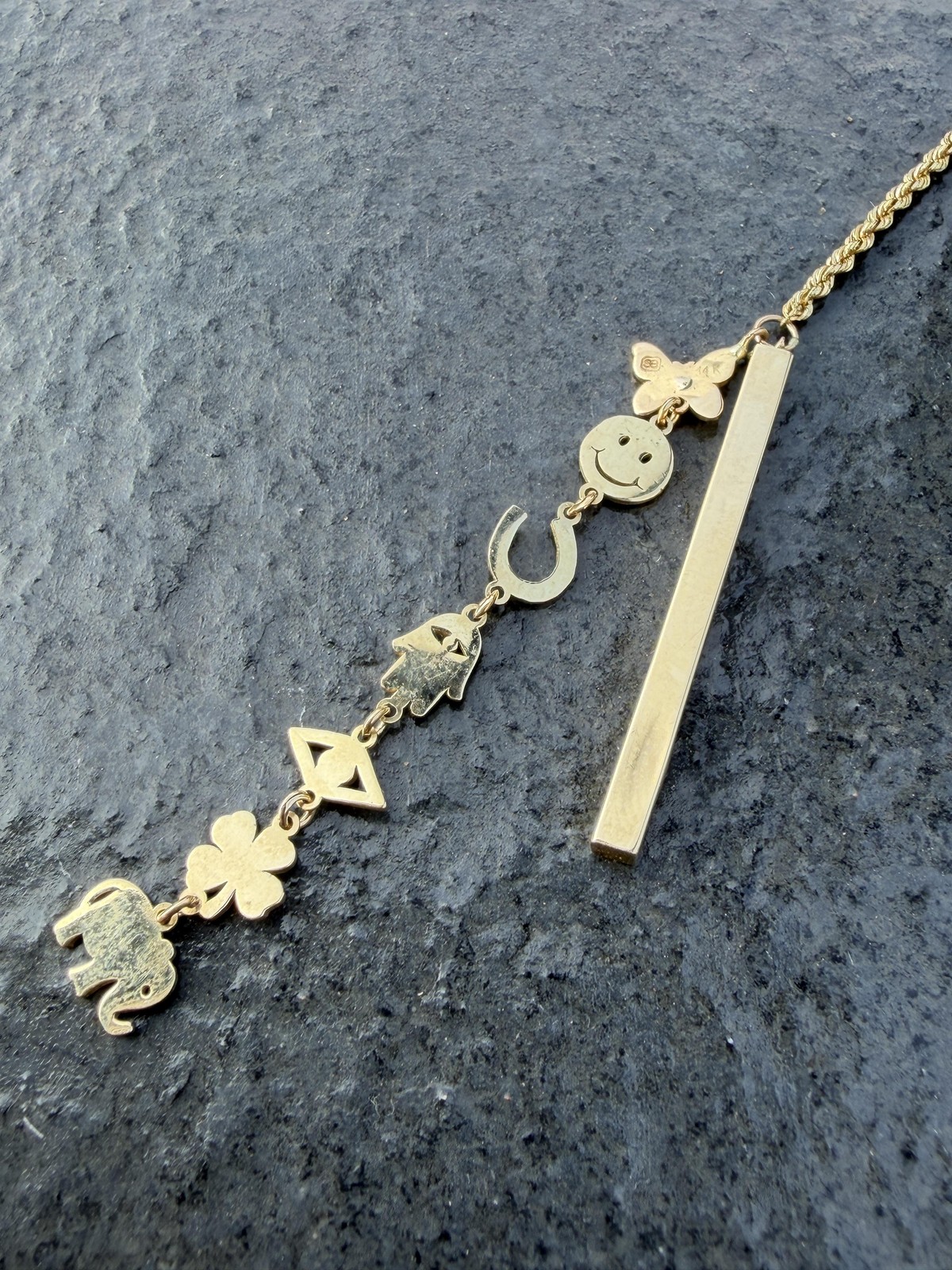 Sydney Evan 14k Yellow Gold Drop Y Necklace Rope Chain Pendant Bar Charms 18″ 6g
