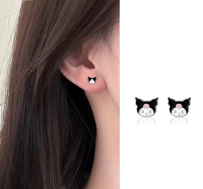Adorable Women Girl Small S999 Sterling SILVER Kuromi Character Stud Earrings AJ
