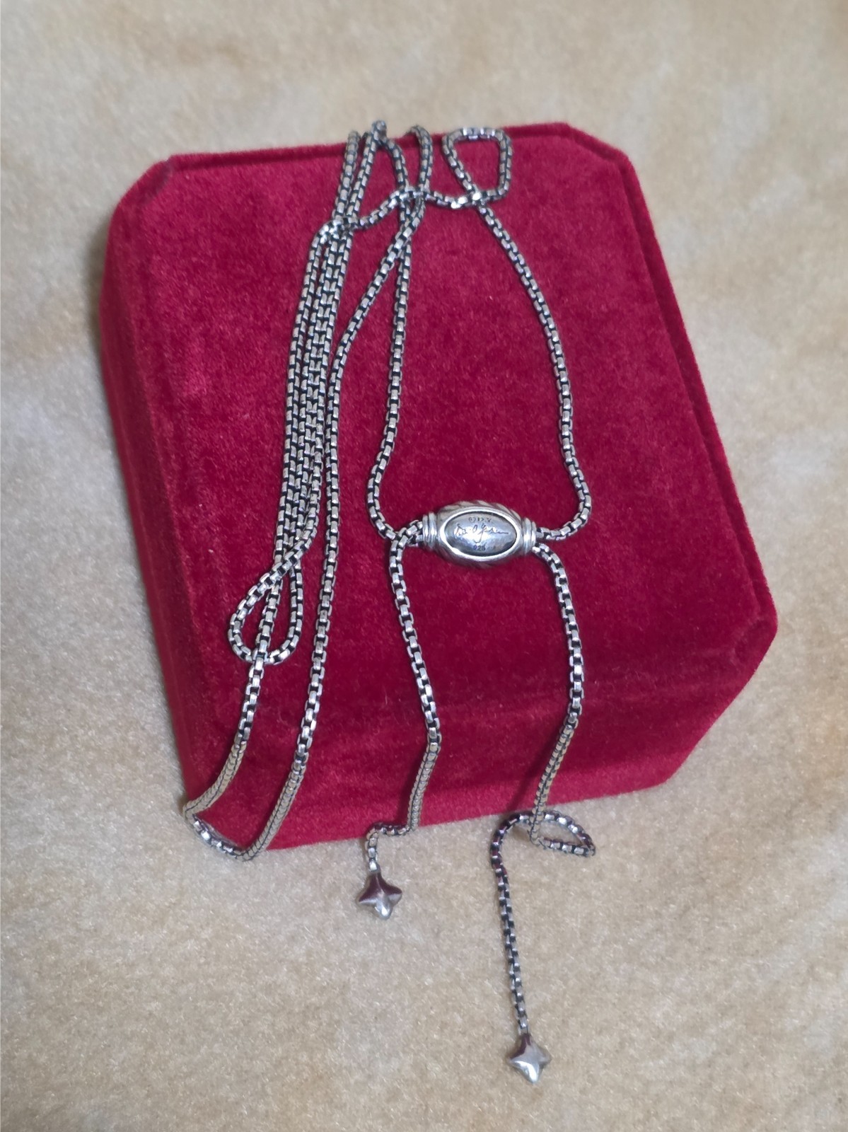David Yurman Sterling Silver Adjustable Box Chain Slider Lariat Necklace